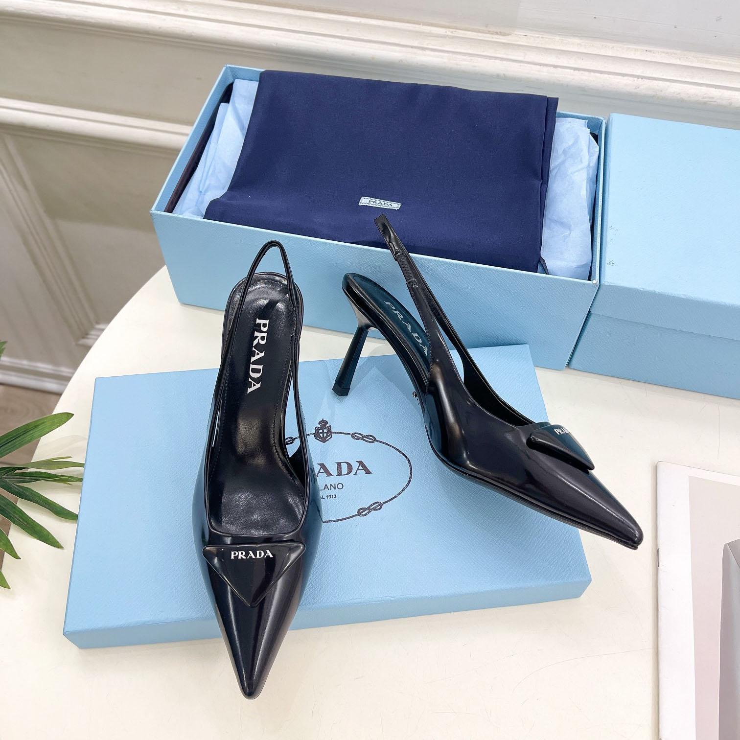 Prada Black Brushed Leather Slingback Pumps  75mm - DesignerGu
