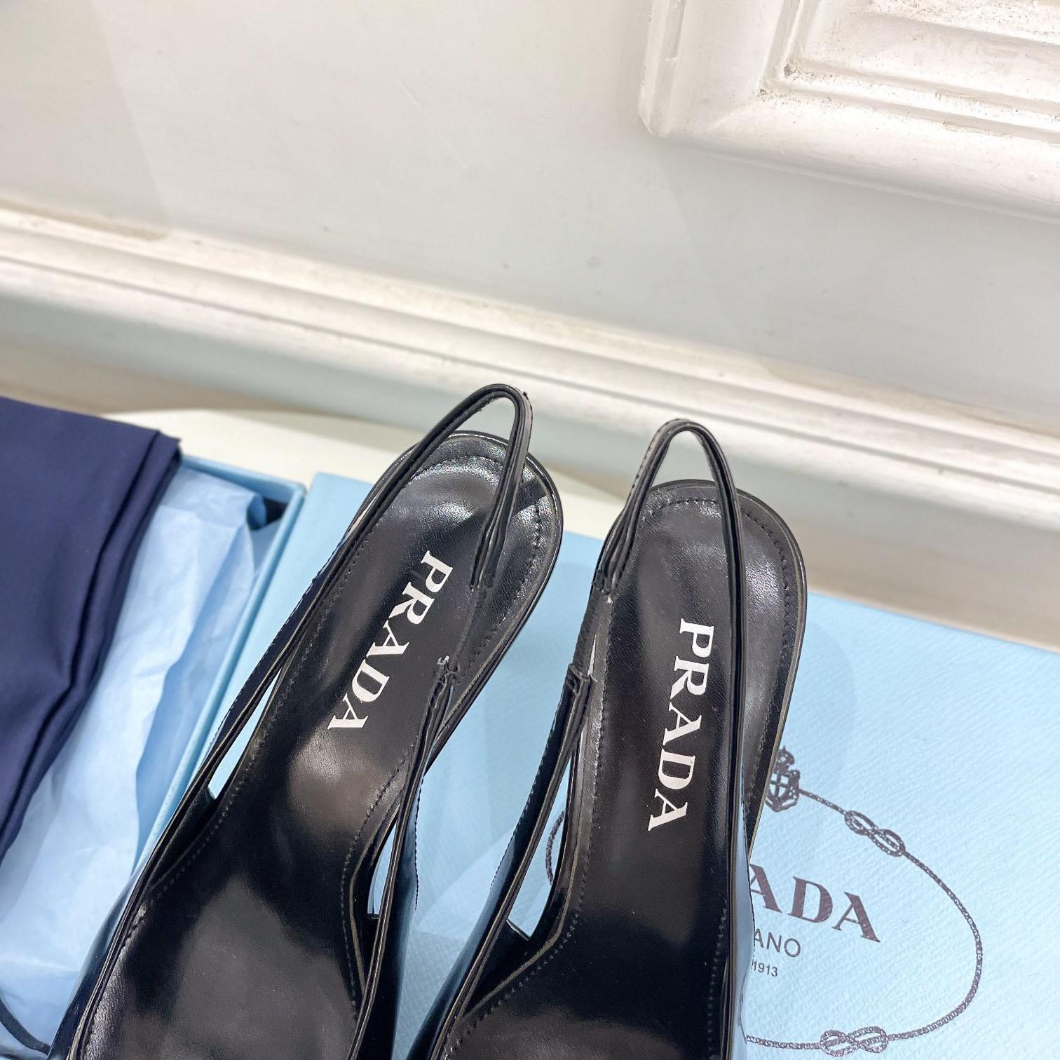 Prada Black Brushed Leather Slingback Pumps  75mm - DesignerGu
