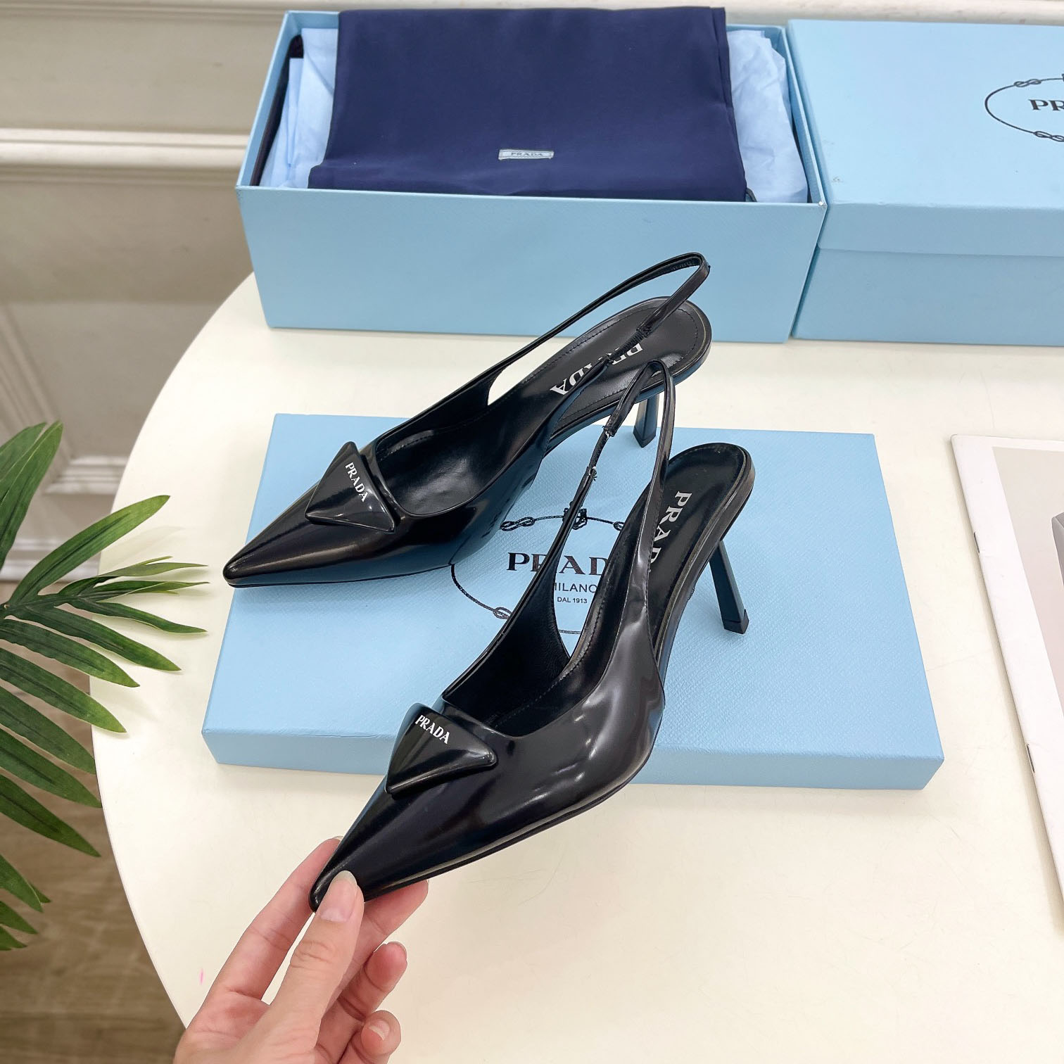 Prada Black Brushed Leather Slingback Pumps  75mm - DesignerGu