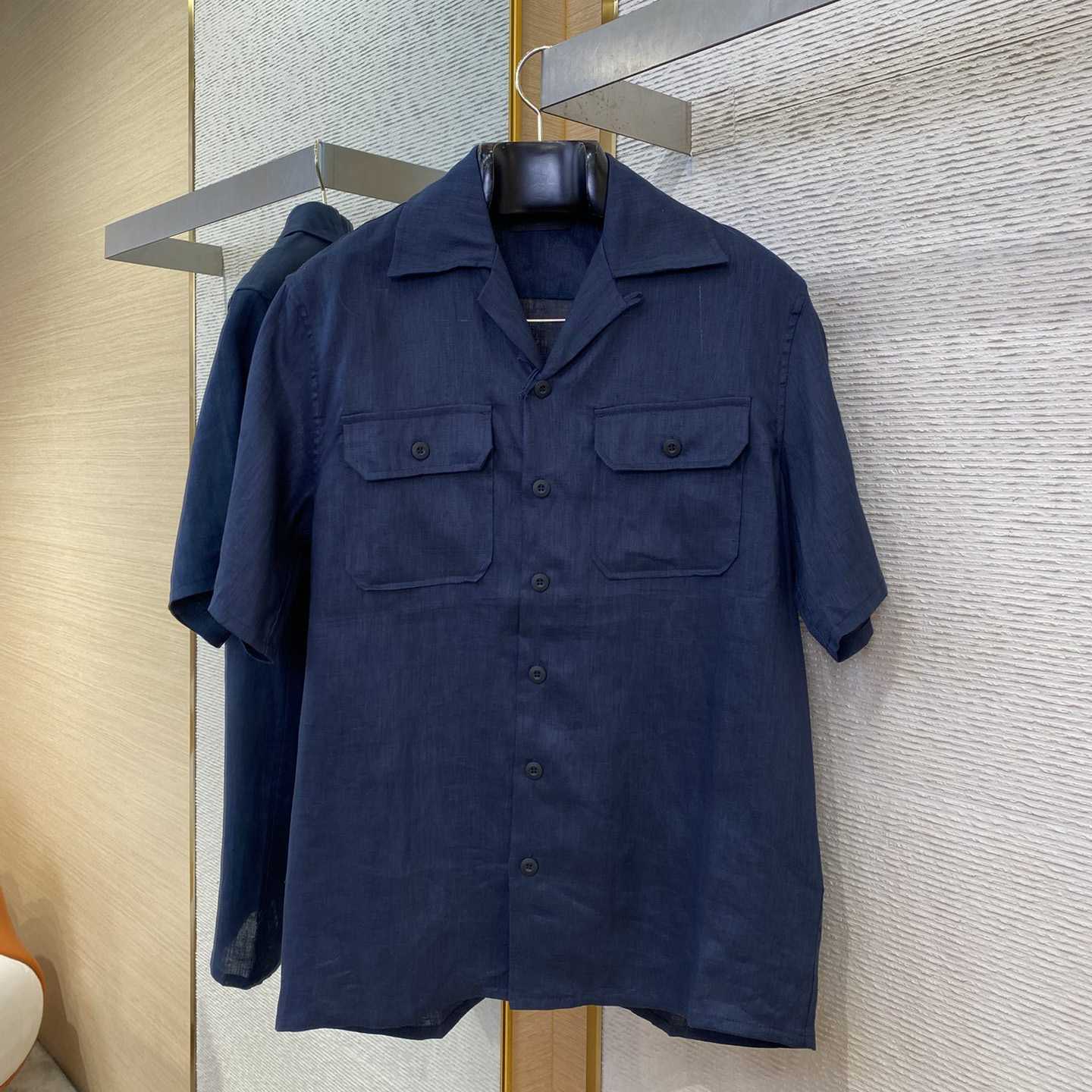 Prada Triangle-logo Cuban-collar Linen Shirt - DesignerGu