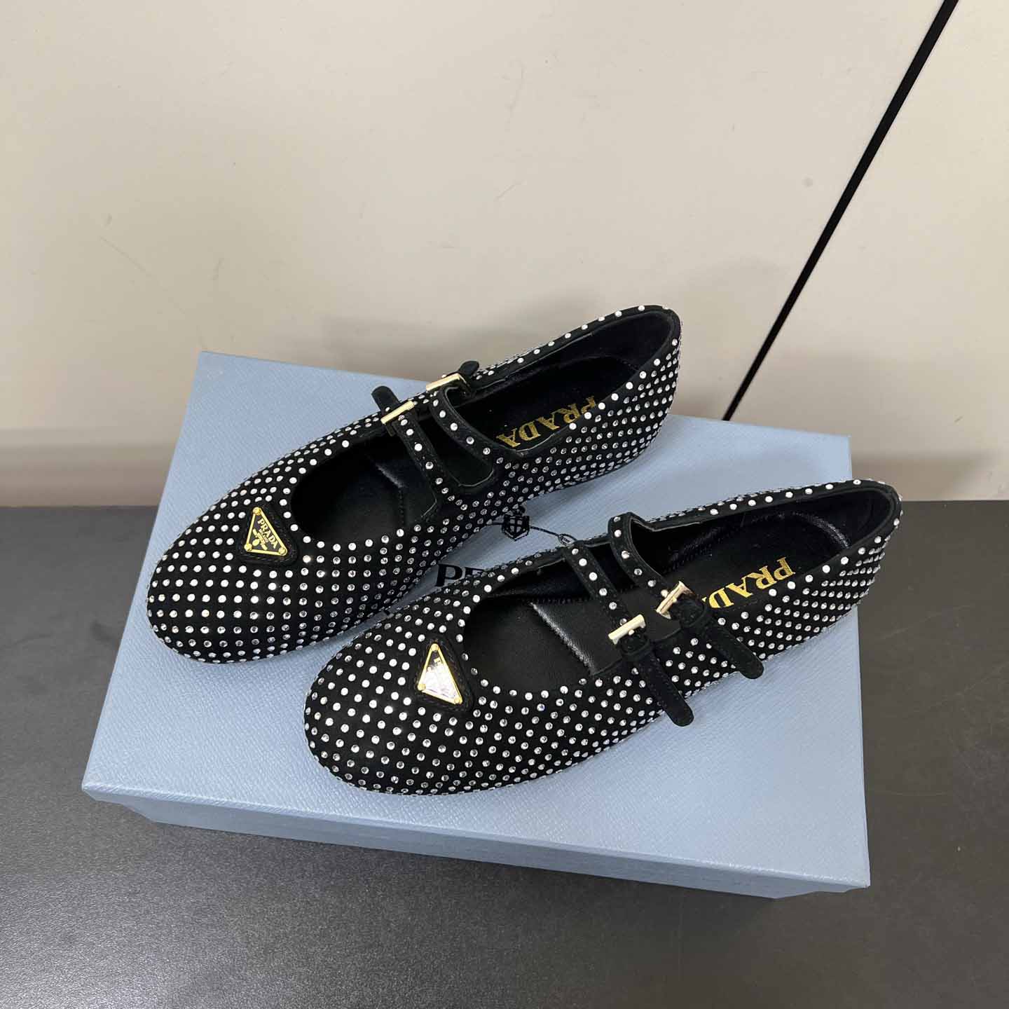 Prada Suede Ballerinas With Crystals - DesignerGu