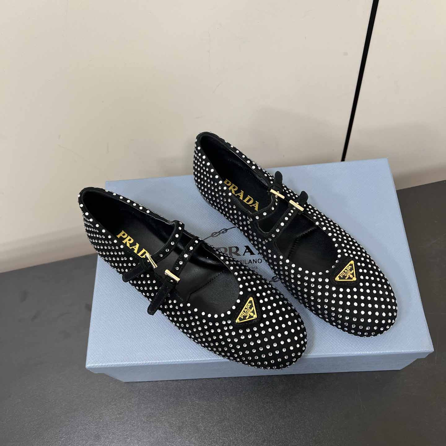Prada Suede Ballerinas With Crystals - DesignerGu