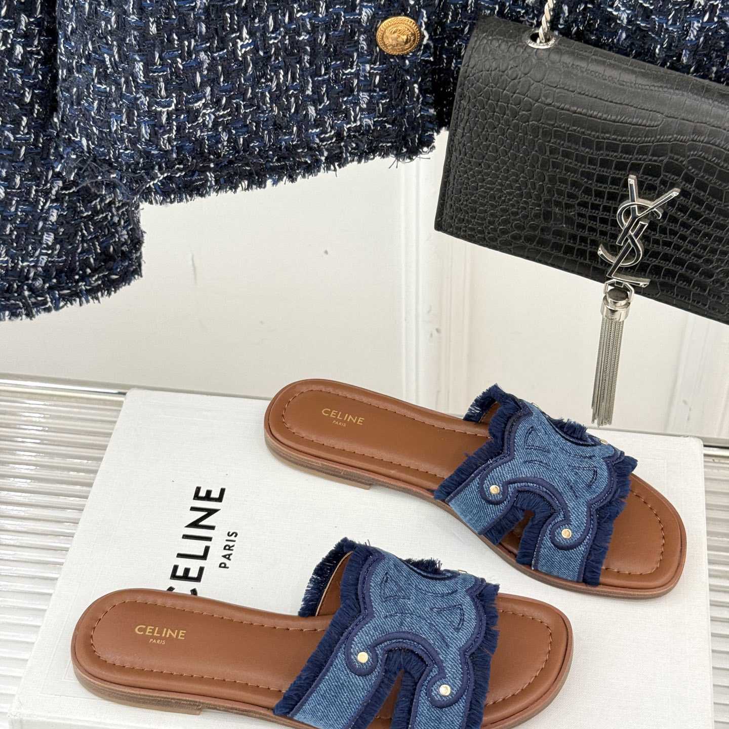 Celine Marina Fringed Mule In Denim  - 