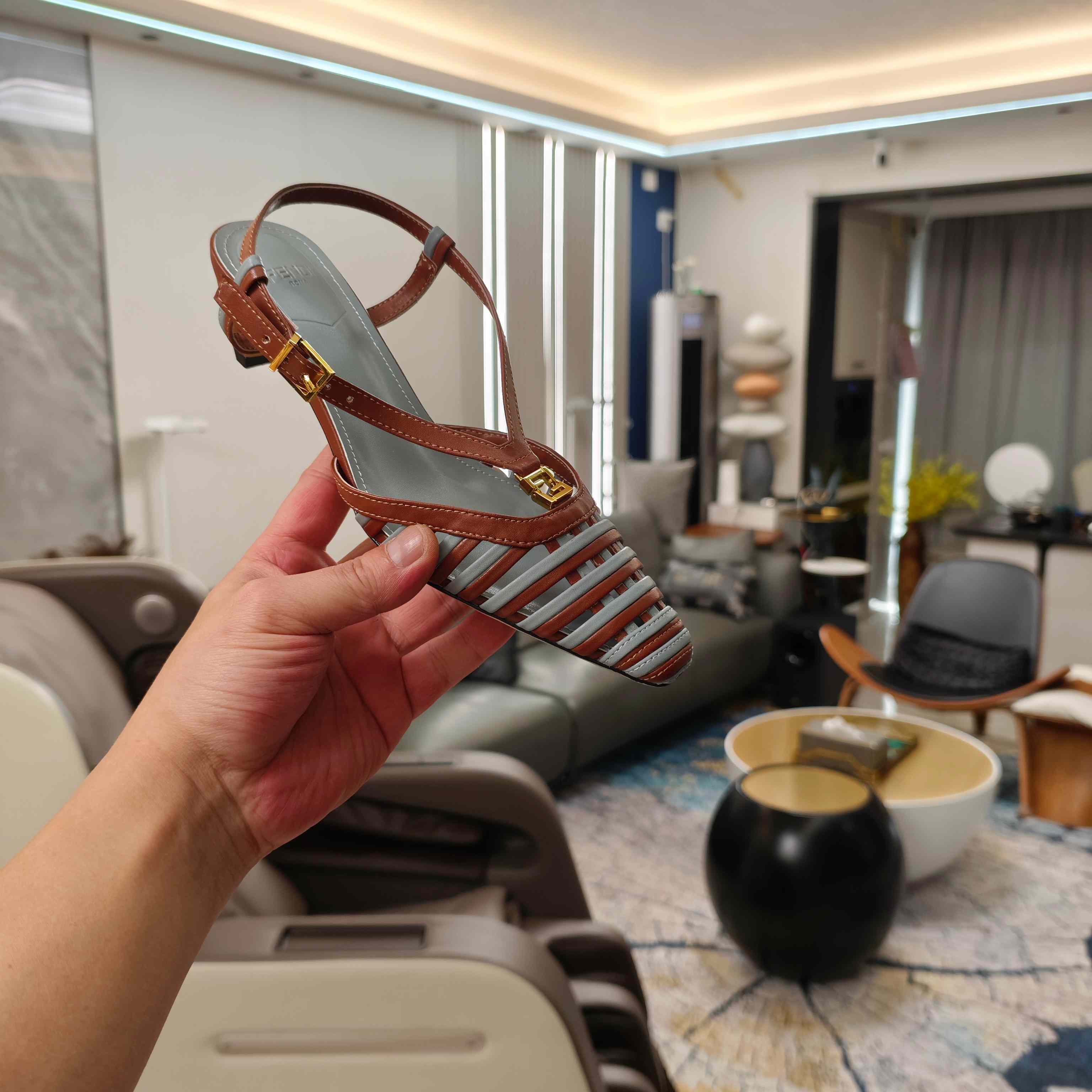 Fendi FFold Brown And Matcha Green Leather Low-heeled Slingbacks - DesignerGu