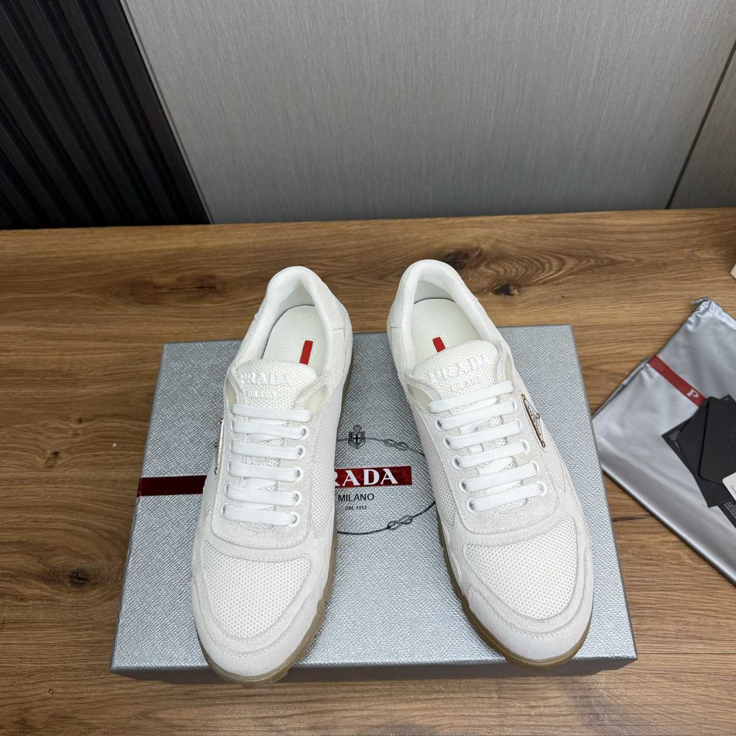 Prada Trail Mesh Fabric And Suede Sneakers - DesignerGu