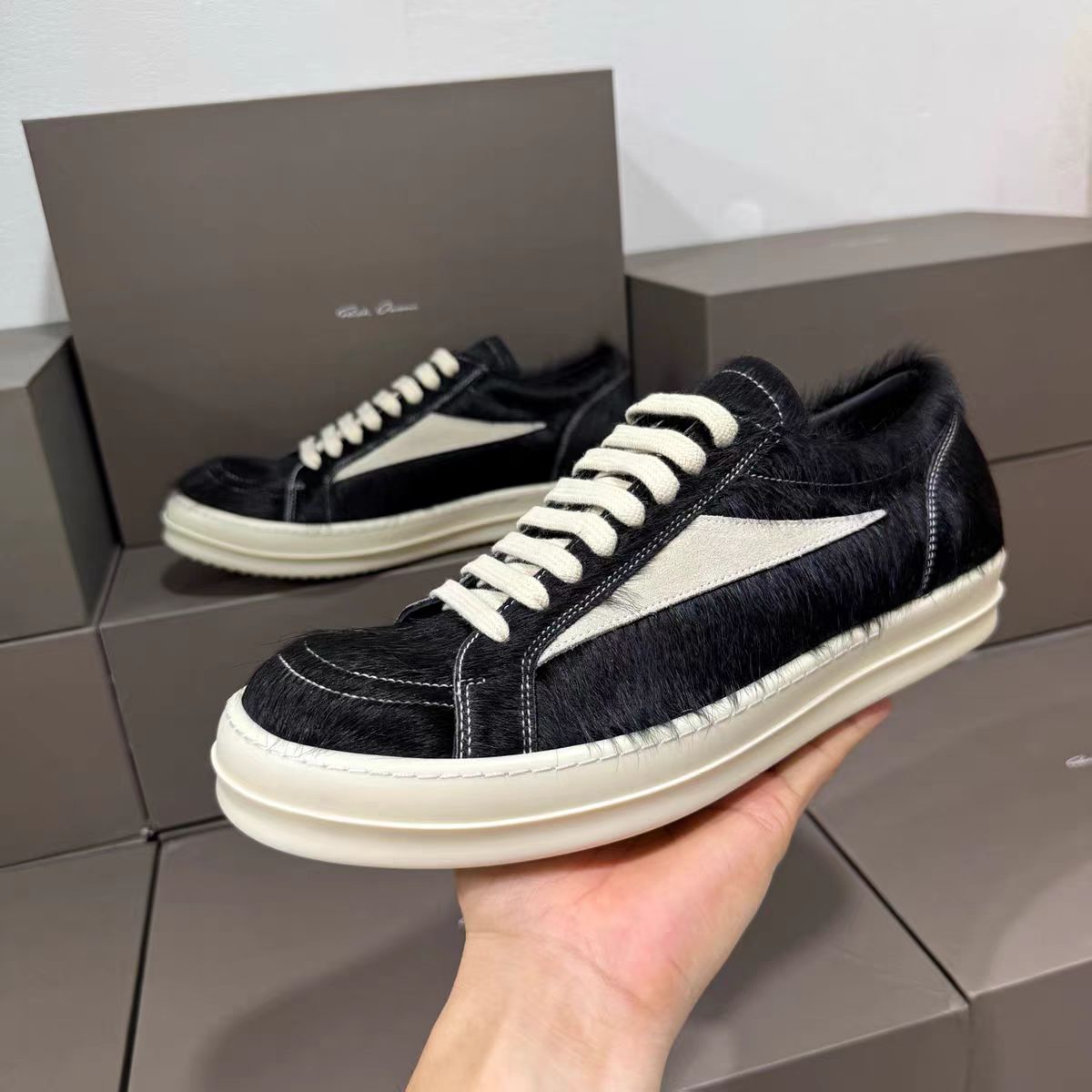 Rick Owens Black Pony Hair Low Sneakers - DesignerGu