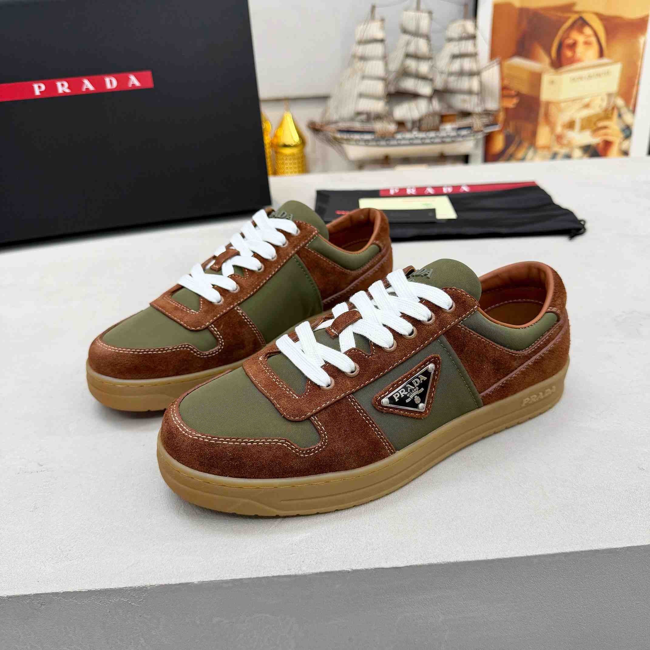 Prada Downtown Re-Nylon And Suede Sneakers - DesignerGu