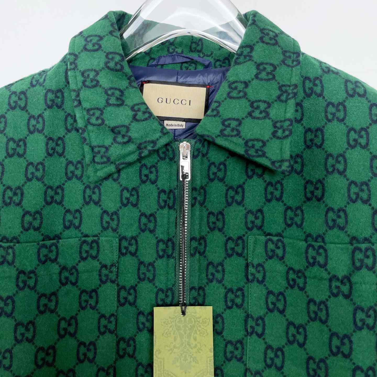 Gucci Green Gg Wool Flannel Padded Overshirt - DesignerGu