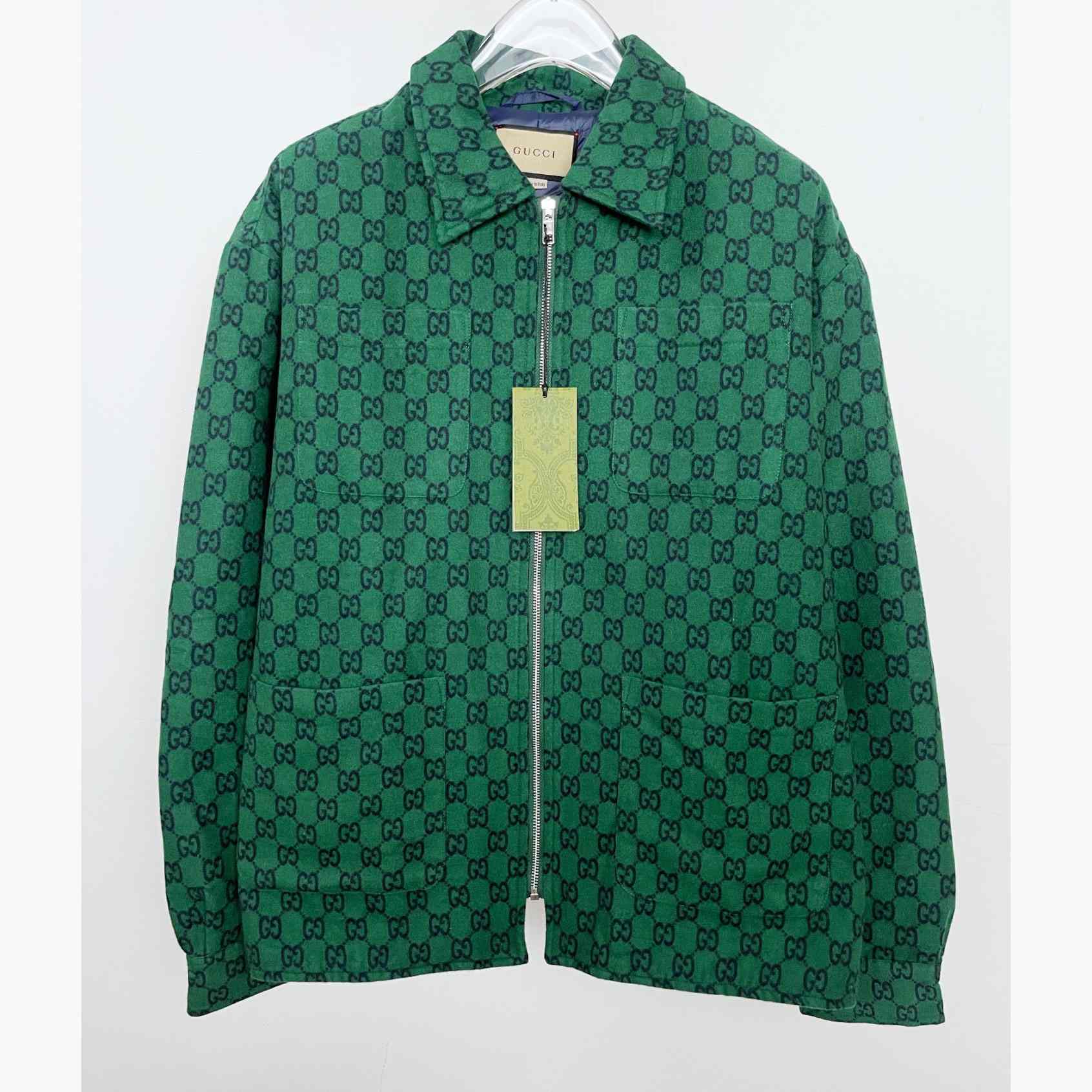 Gucci Green Gg Wool Flannel Padded Overshirt - DesignerGu