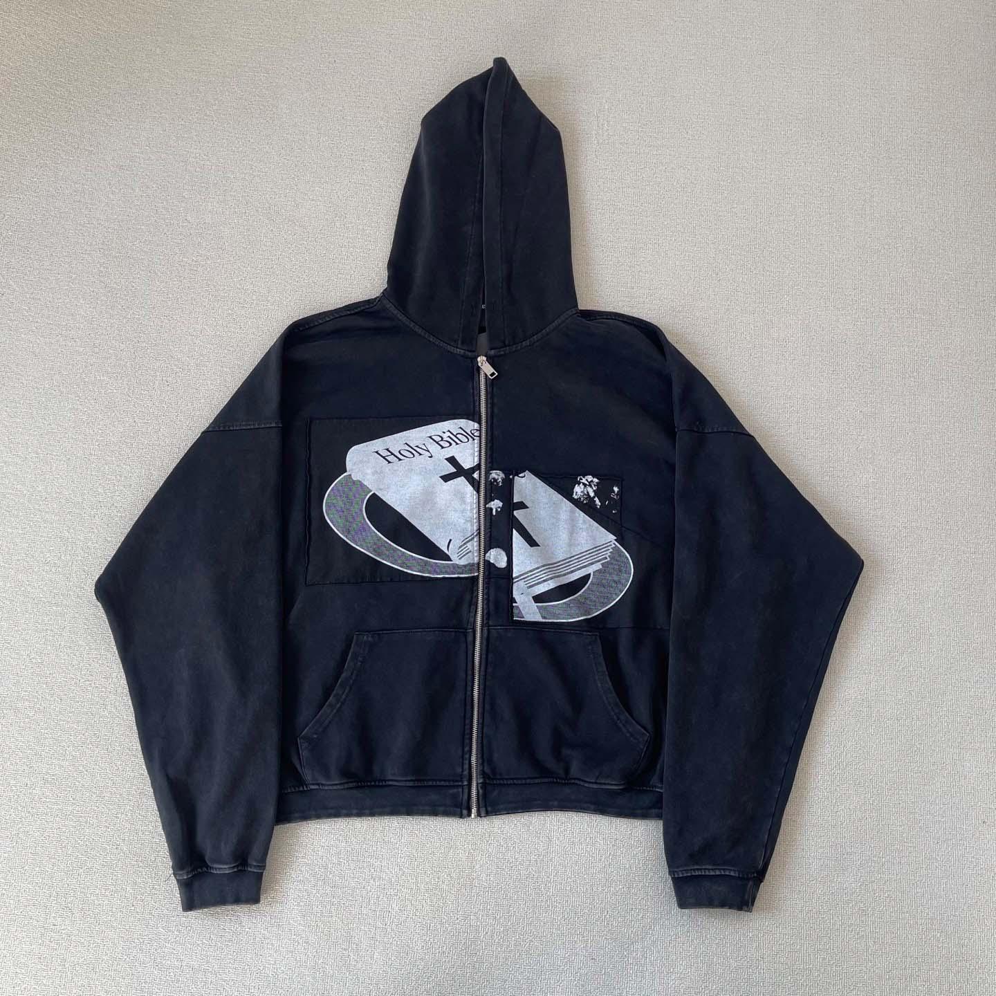 Enfants Riches Déprimés HOLY BIBLE "ASSEMBLAGE" BAGGY ZIP HOODIE (BLACK) - DesignerGu