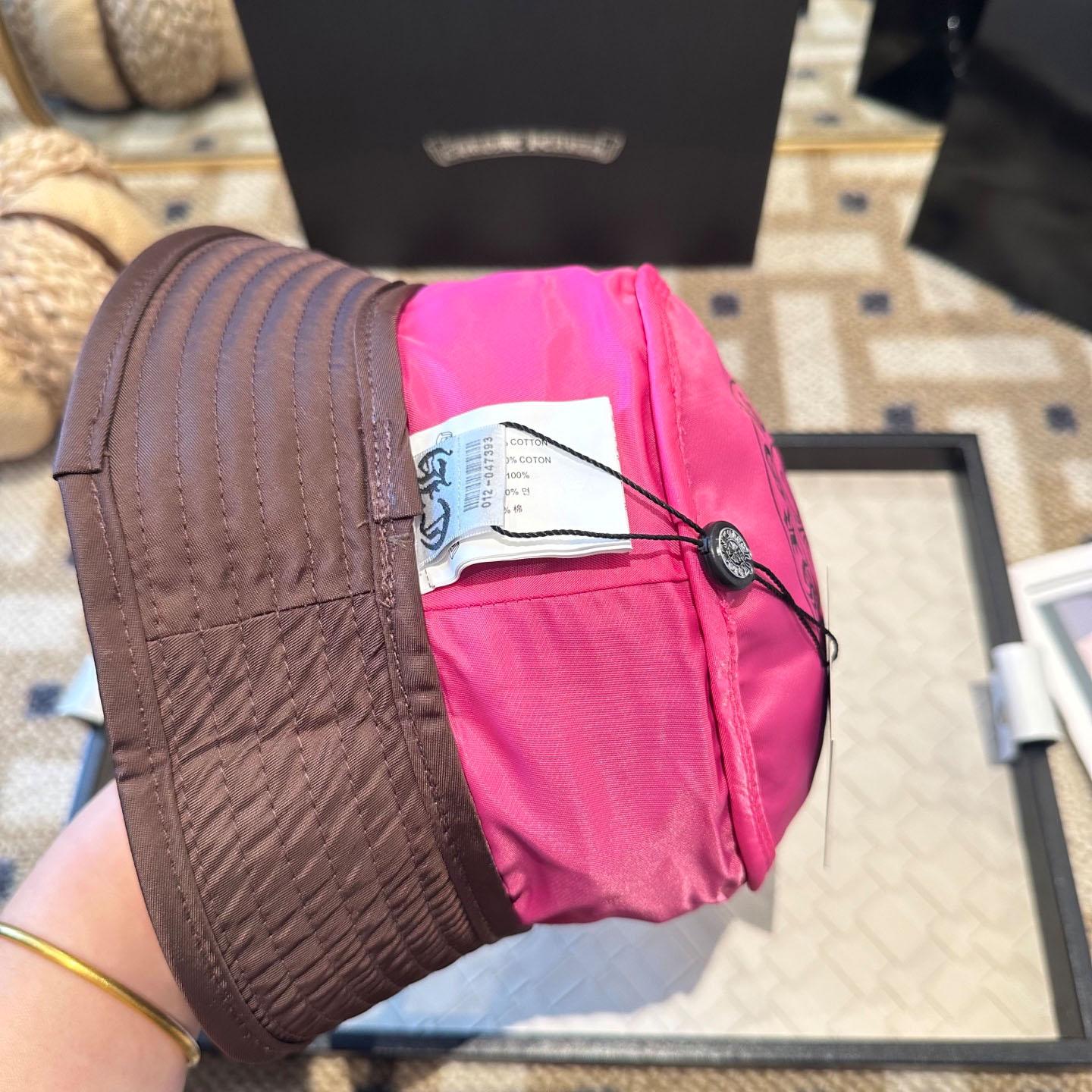 Chrome Heart Pink Leather Cross Patch Brown Bucket Hat - DesignerGu