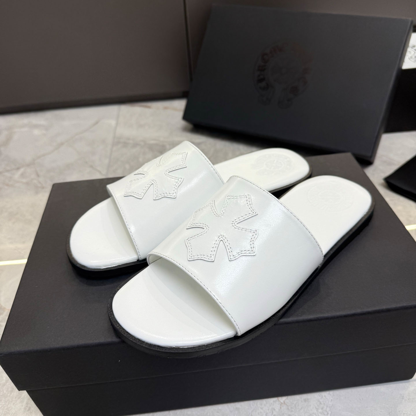Chrome Hearts White Leather Slide Sandals - DesignerGu