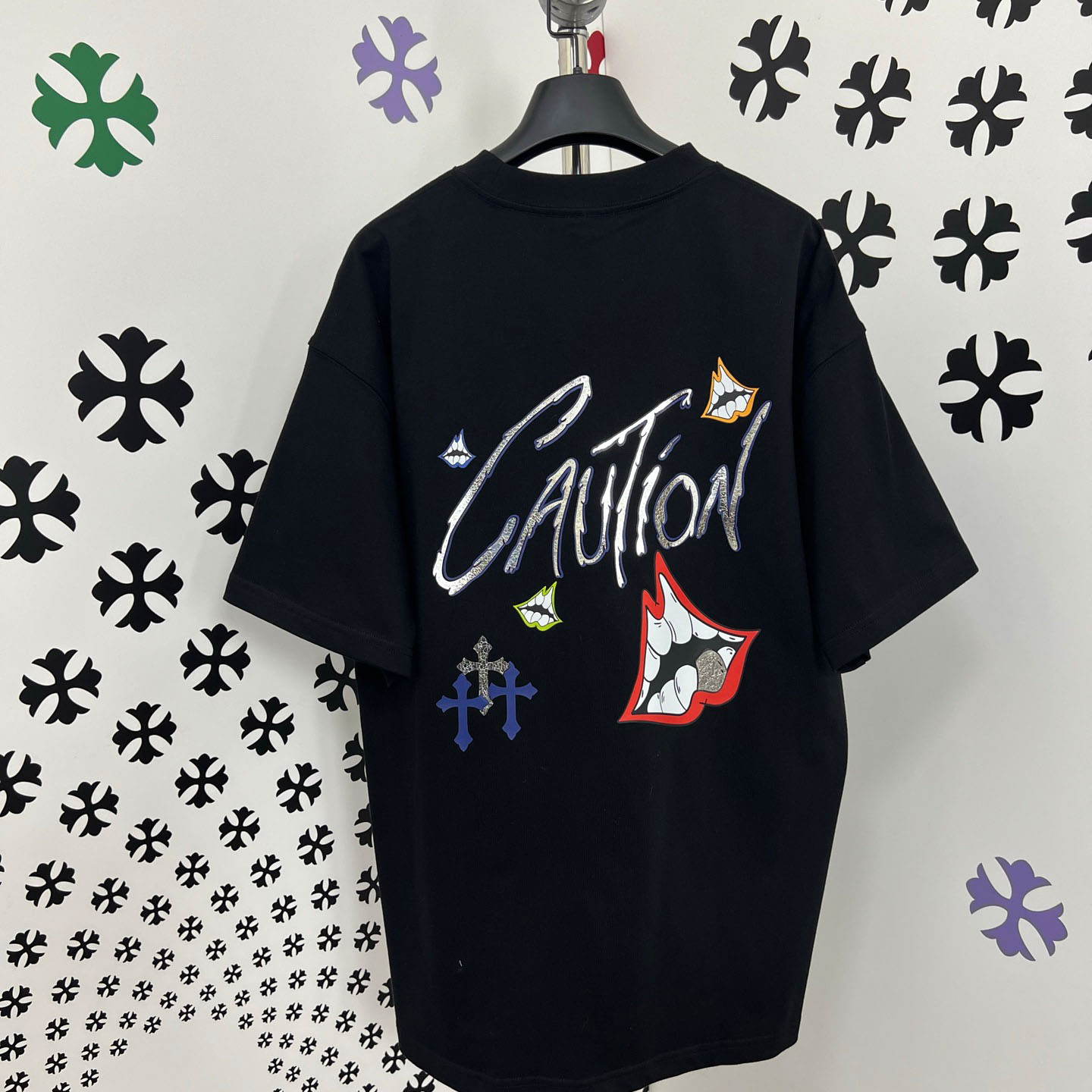 Chrome Hearts Double-Sided CAUTION Script Lips Cross Print Tee - DesignerGu