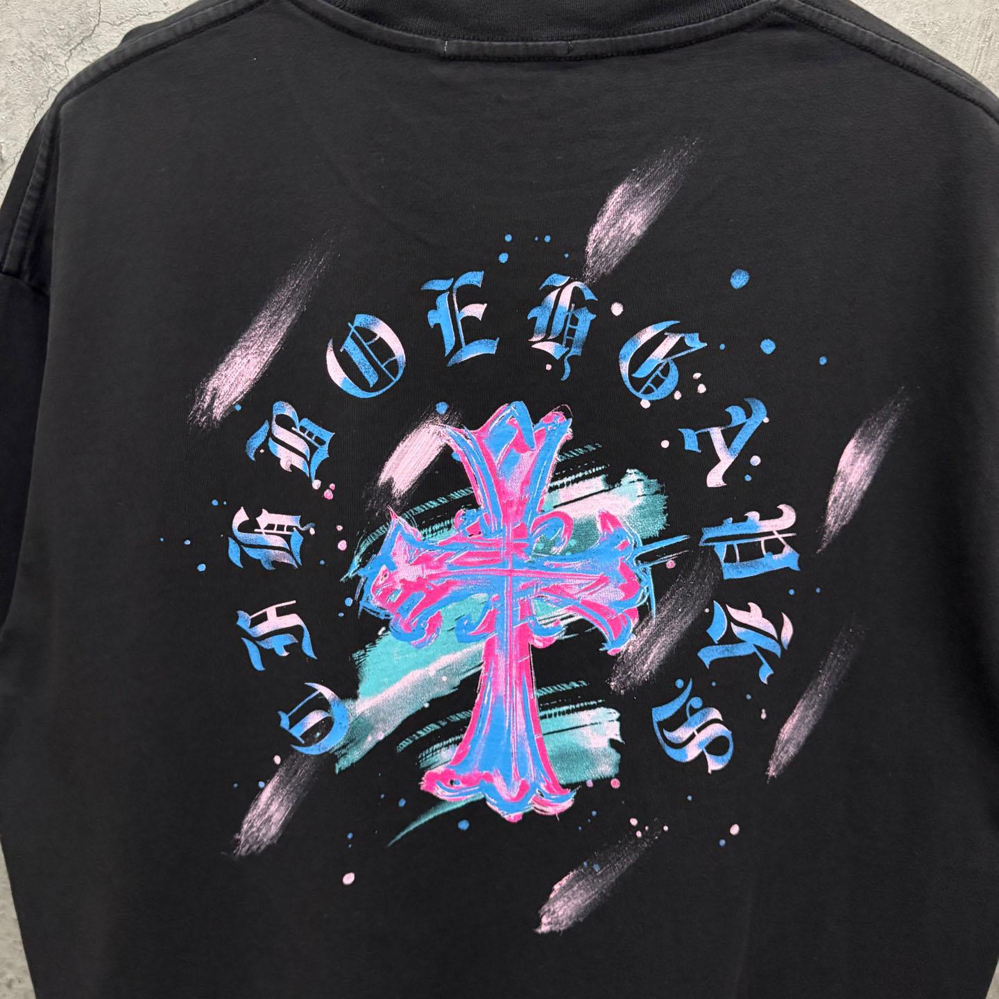 Chrome Hearts Watercolor Graffiti Cross Print Crew Neck T-Shirt - DesignerGu