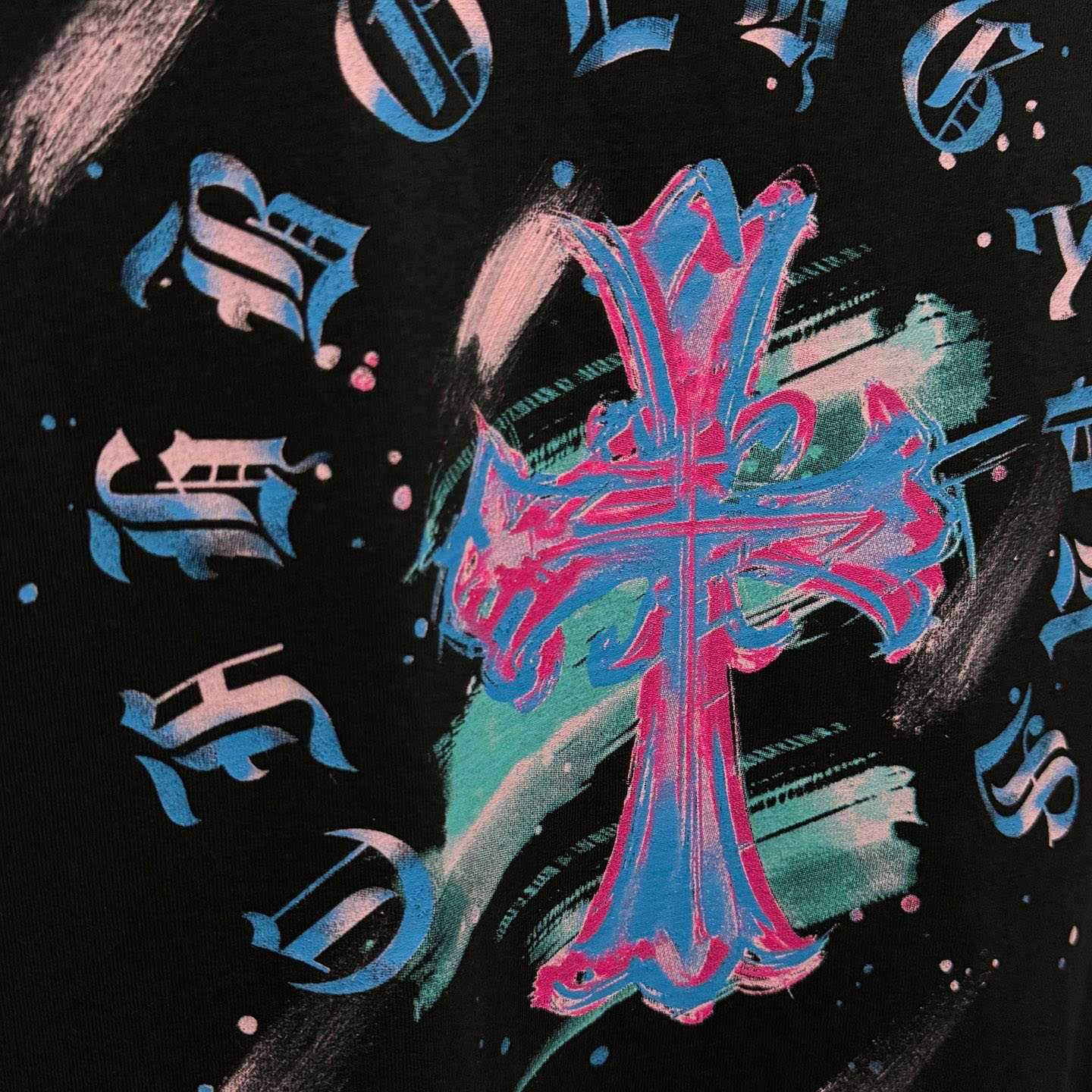 Chrome Hearts Watercolor Graffiti Cross Print Crew Neck T-Shirt - DesignerGu