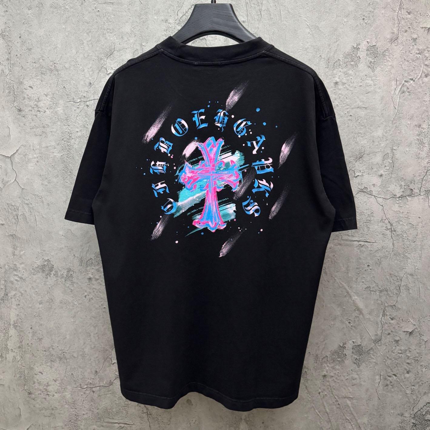 Chrome Hearts Watercolor Graffiti Cross Print Crew Neck T-Shirt - DesignerGu