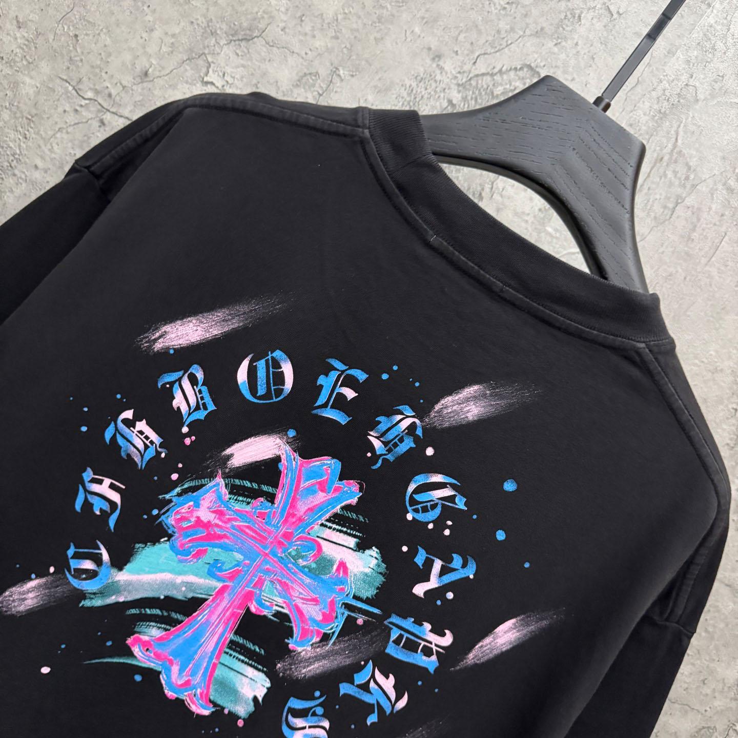 Chrome Hearts Watercolor Graffiti Cross Print Crew Neck T-Shirt - DesignerGu