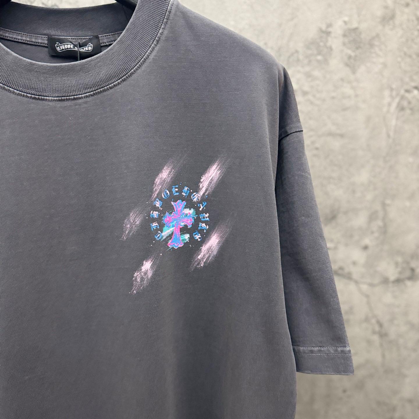 Chrome Hearts Watercolor Graffiti Cross Print Crew Neck T-Shirt - DesignerGu