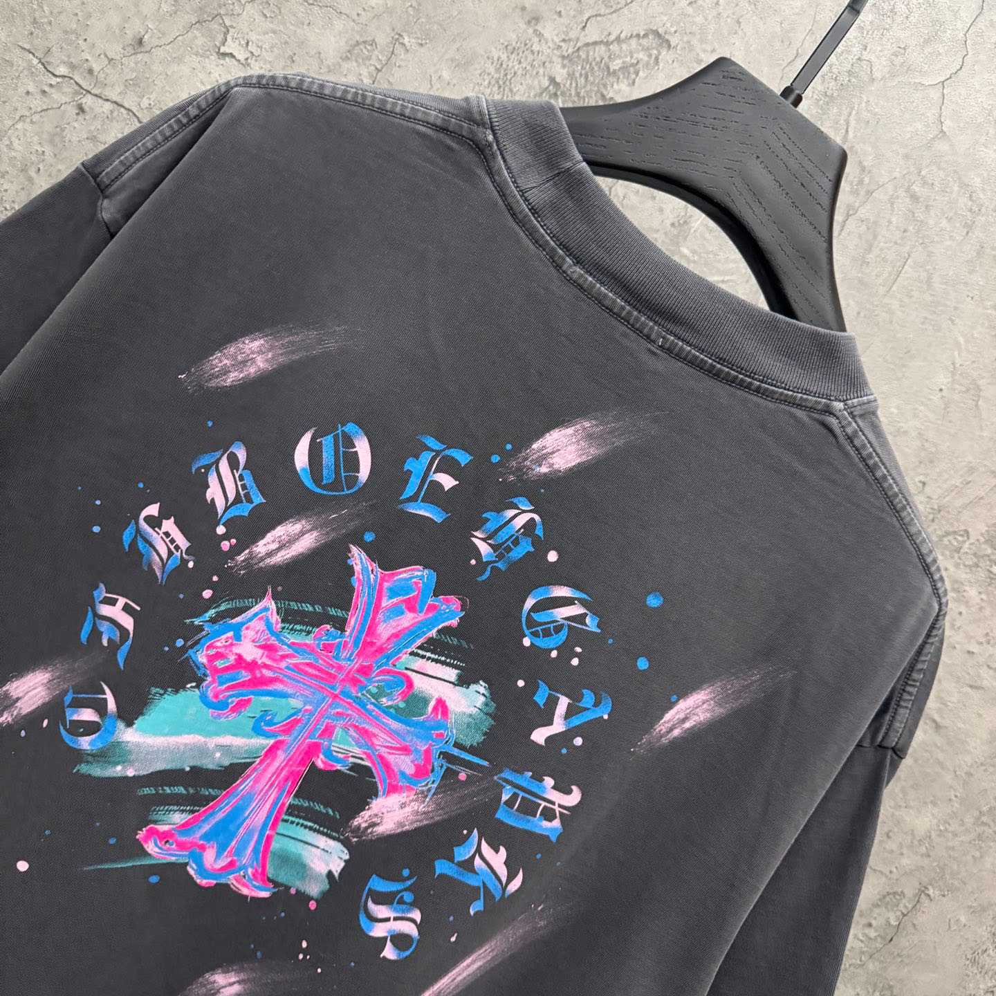 Chrome Hearts Watercolor Graffiti Cross Print Crew Neck T-Shirt - DesignerGu