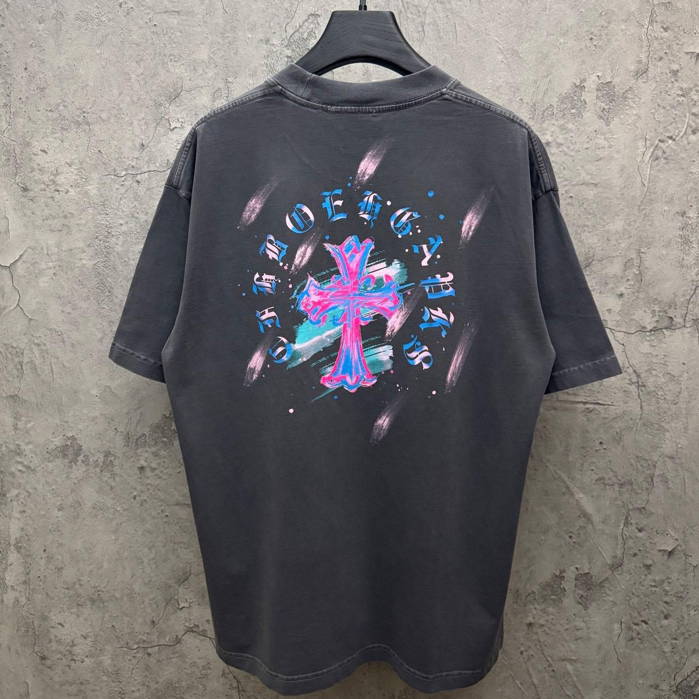 Chrome Hearts Watercolor Graffiti Cross Print Crew Neck T-Shirt - DesignerGu