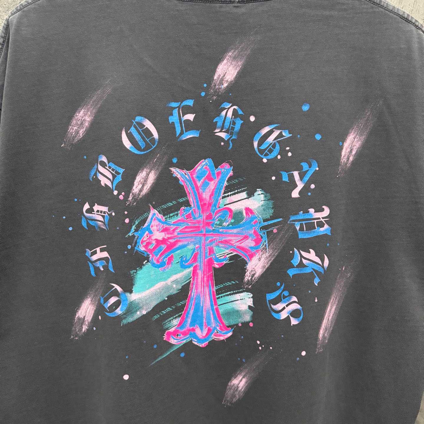 Chrome Hearts Watercolor Graffiti Cross Print Crew Neck T-Shirt - DesignerGu