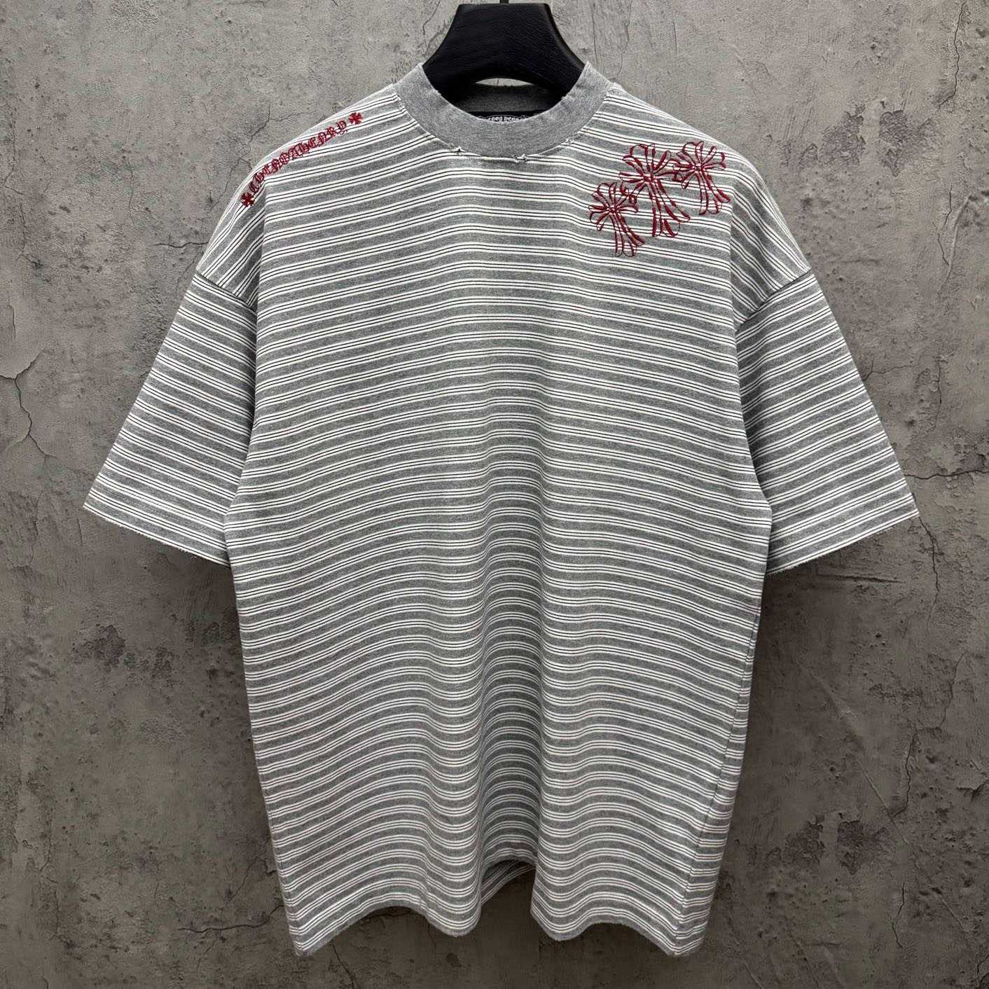 Chrome Hearts Striped Cross Sanskrit Embroidery Crew Neck T-Shirt - DesignerGu