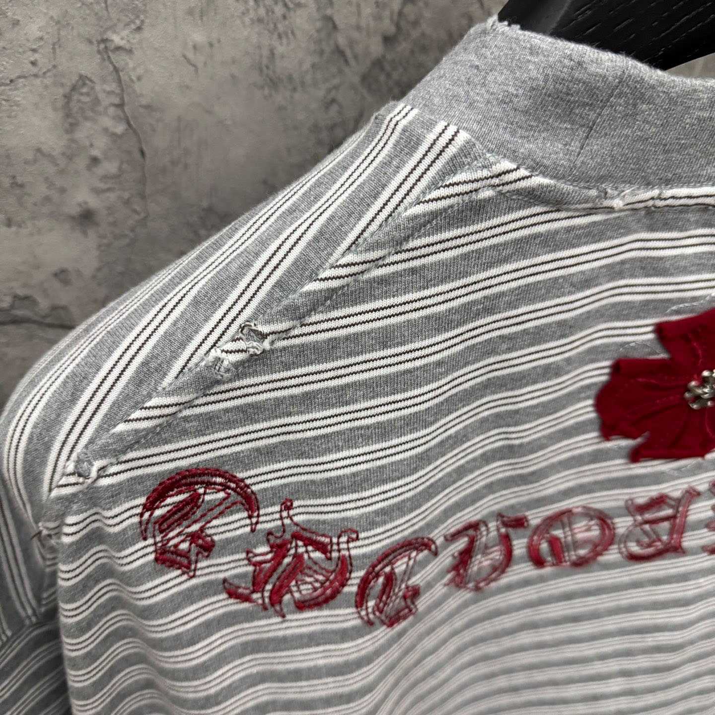 Chrome Hearts Striped Cross Sanskrit Embroidery Crew Neck T-Shirt - DesignerGu