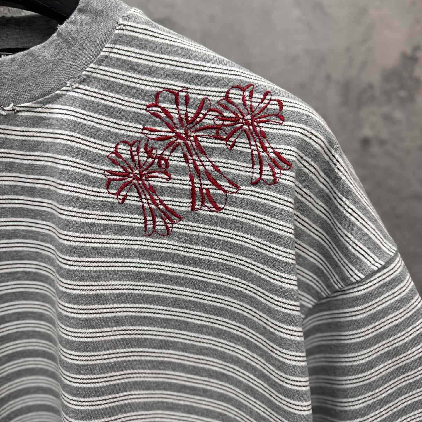 Chrome Hearts Striped Cross Sanskrit Embroidery Crew Neck T-Shirt - DesignerGu