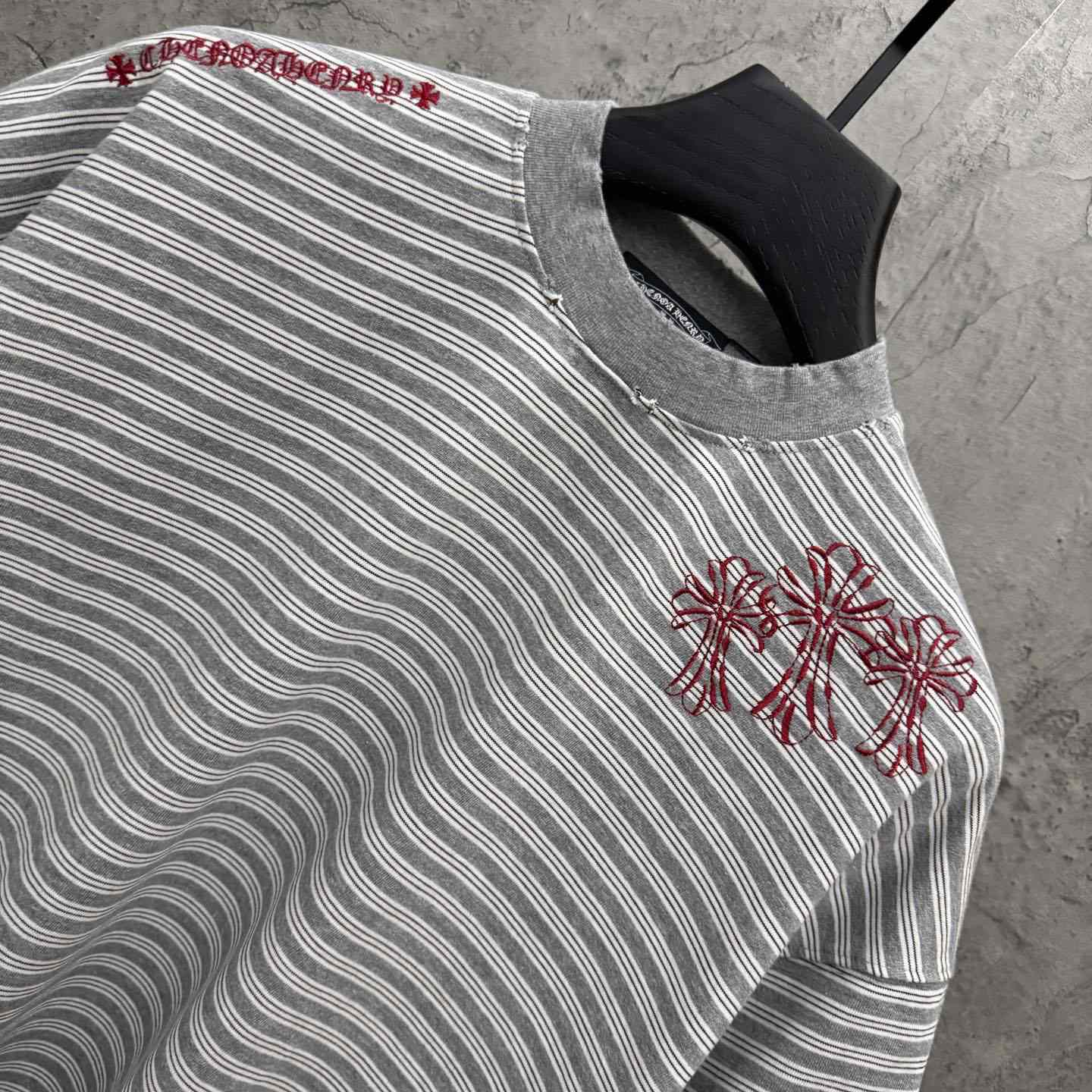 Chrome Hearts Striped Cross Sanskrit Embroidery Crew Neck T-Shirt - DesignerGu