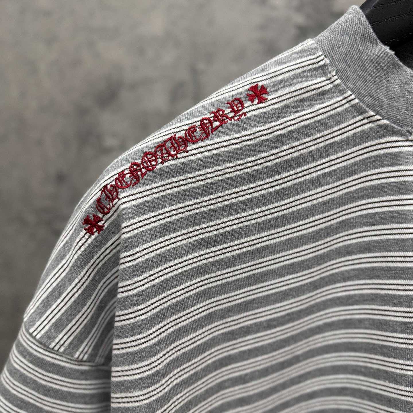 Chrome Hearts Striped Cross Sanskrit Embroidery Crew Neck T-Shirt - DesignerGu