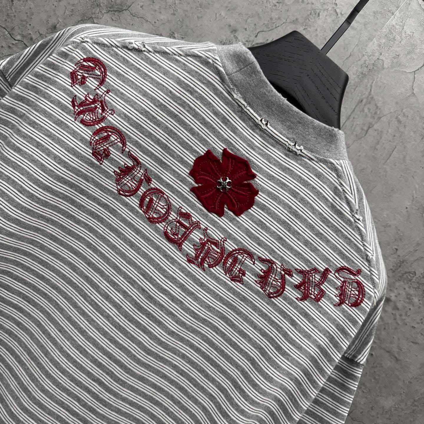 Chrome Hearts Striped Cross Sanskrit Embroidery Crew Neck T-Shirt - DesignerGu