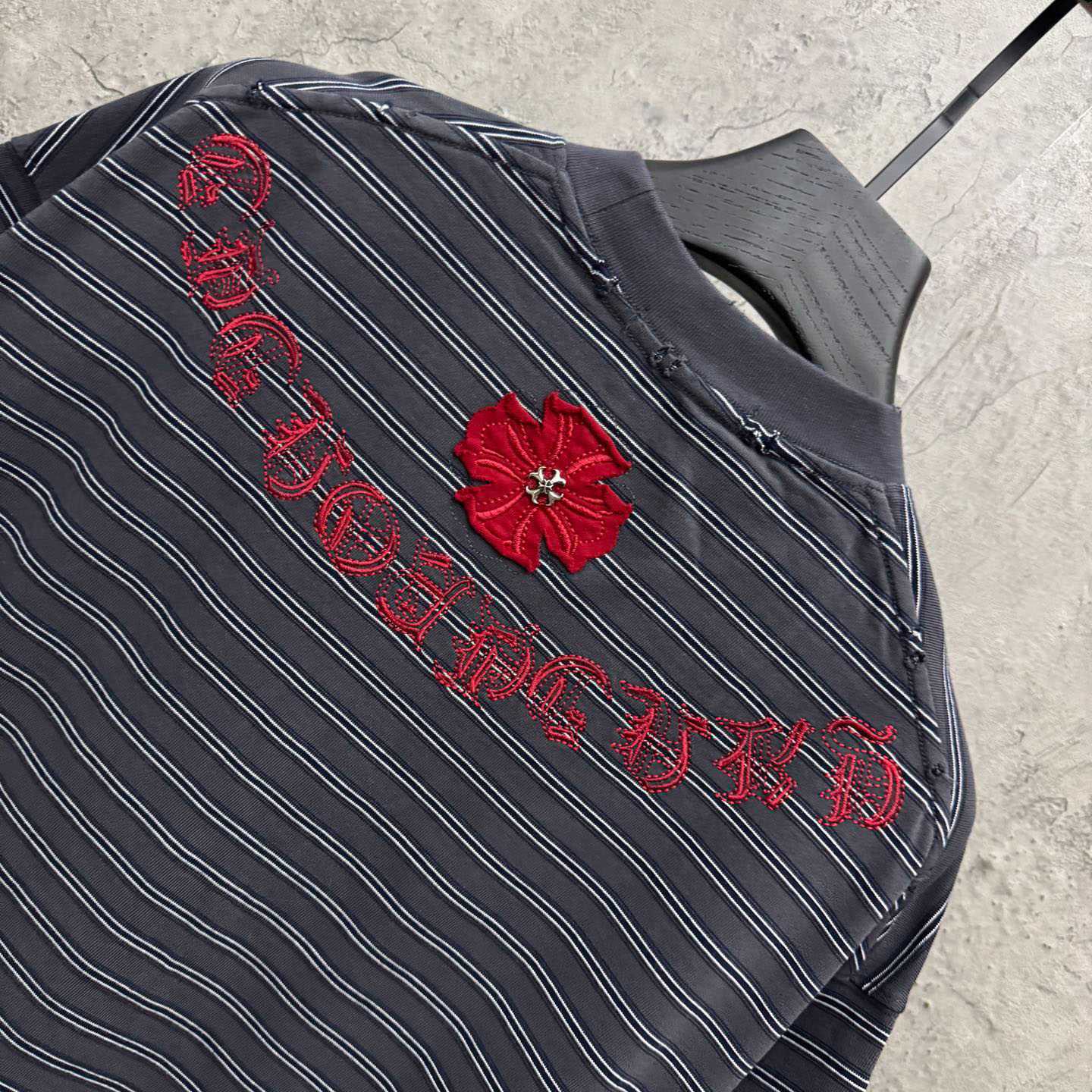 Chrome Hearts Striped Cross Sanskrit Embroidery Crew Neck T-Shirt - DesignerGu