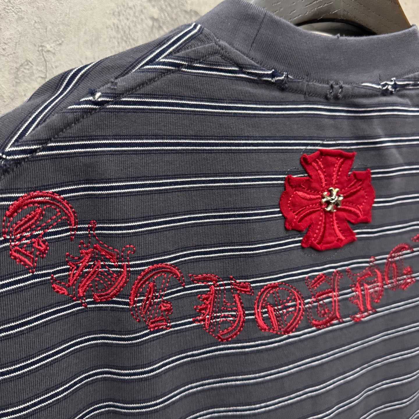 Chrome Hearts Striped Cross Sanskrit Embroidery Crew Neck T-Shirt - DesignerGu