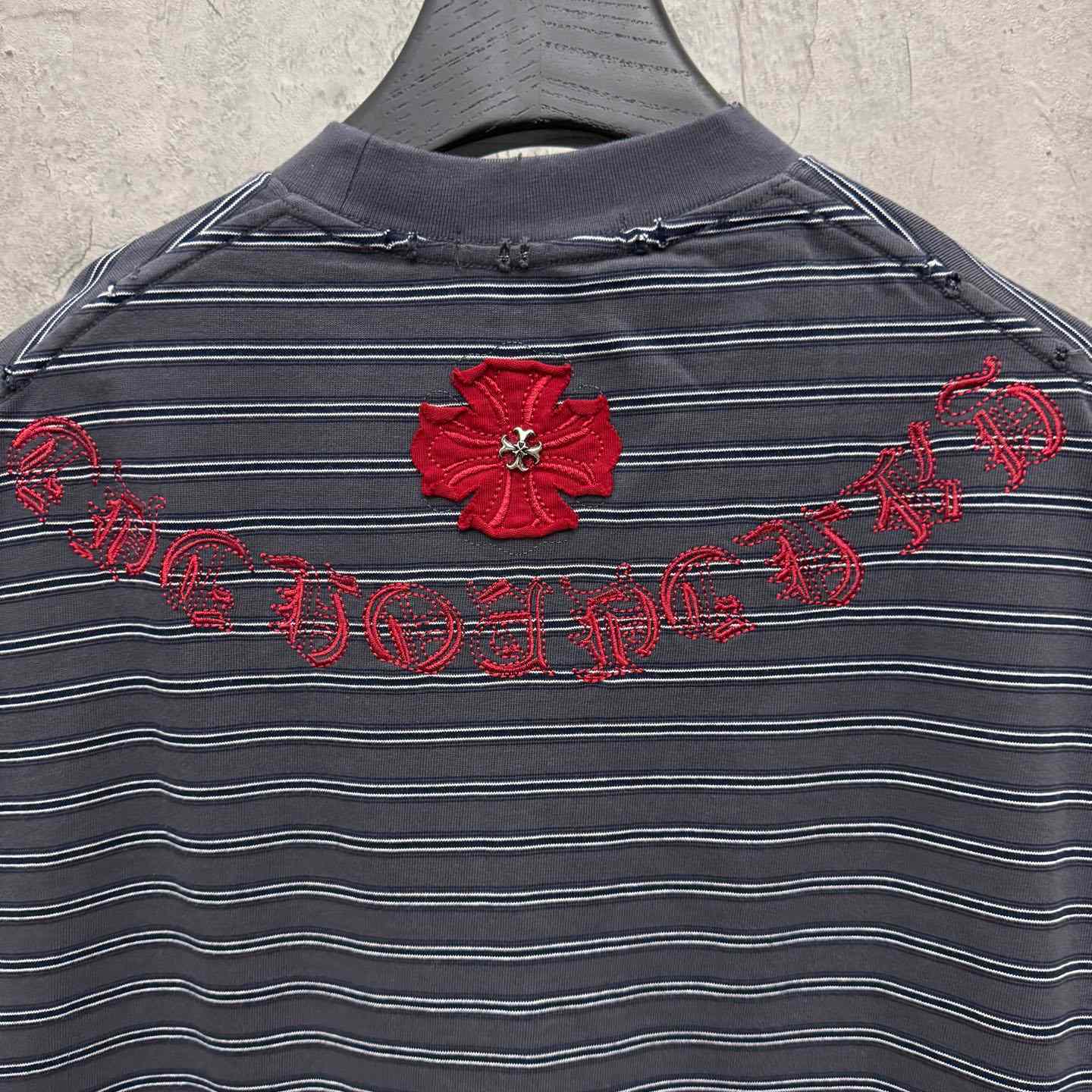 Chrome Hearts Striped Cross Sanskrit Embroidery Crew Neck T-Shirt - DesignerGu