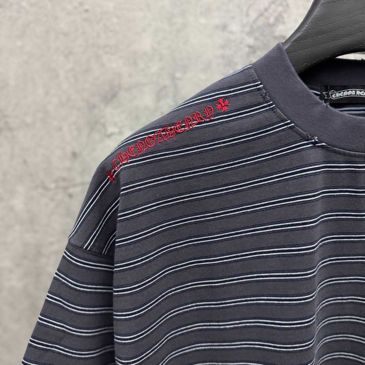 Chrome Hearts Striped Cross Sanskrit Embroidery Crew Neck T-Shirt - DesignerGu