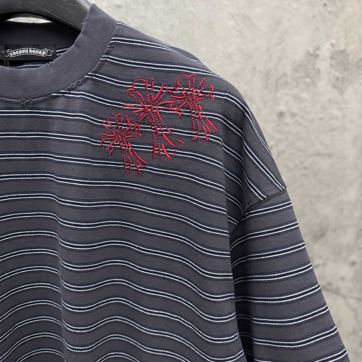 Chrome Hearts Striped Cross Sanskrit Embroidery Crew Neck T-Shirt - DesignerGu