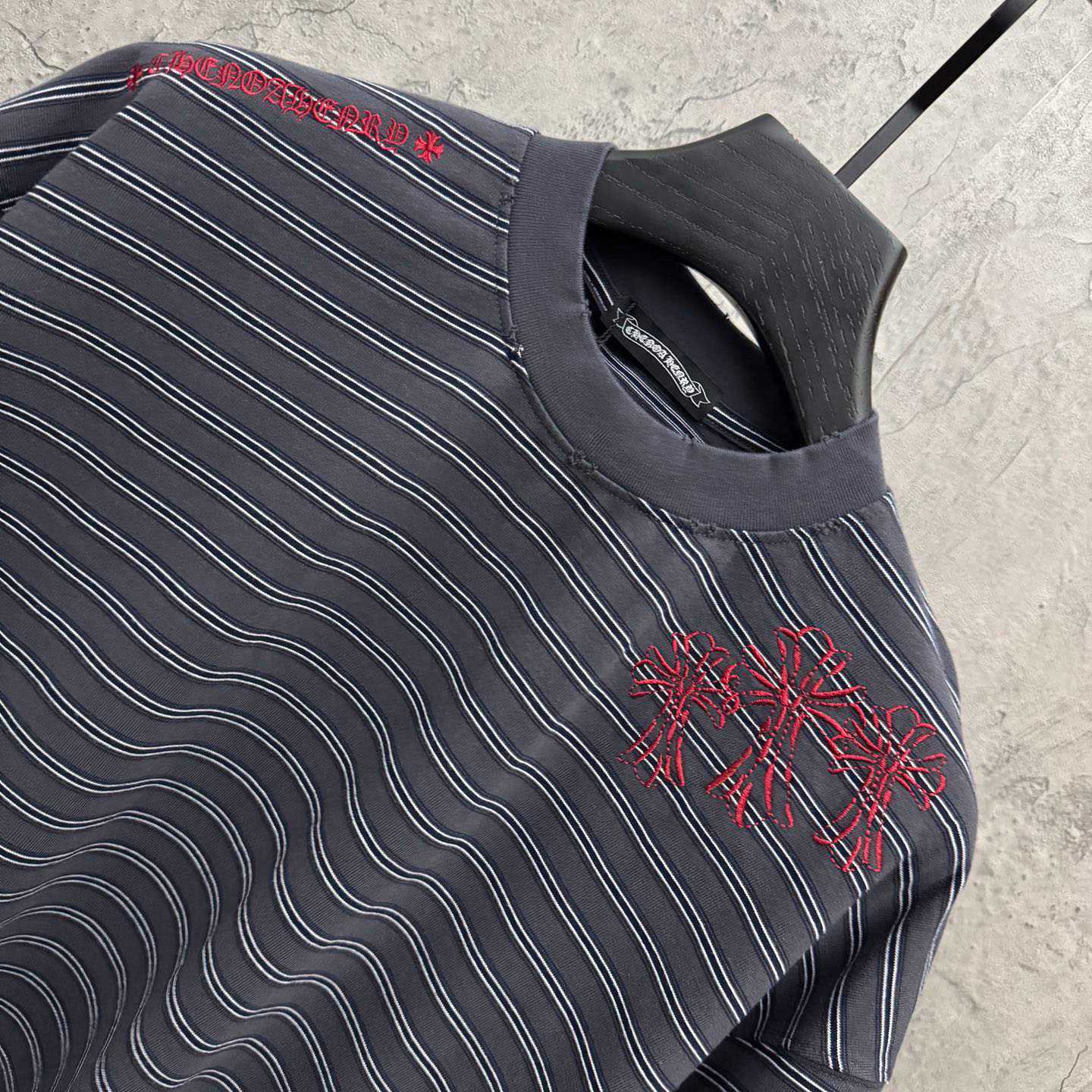 Chrome Hearts Striped Cross Sanskrit Embroidery Crew Neck T-Shirt - DesignerGu