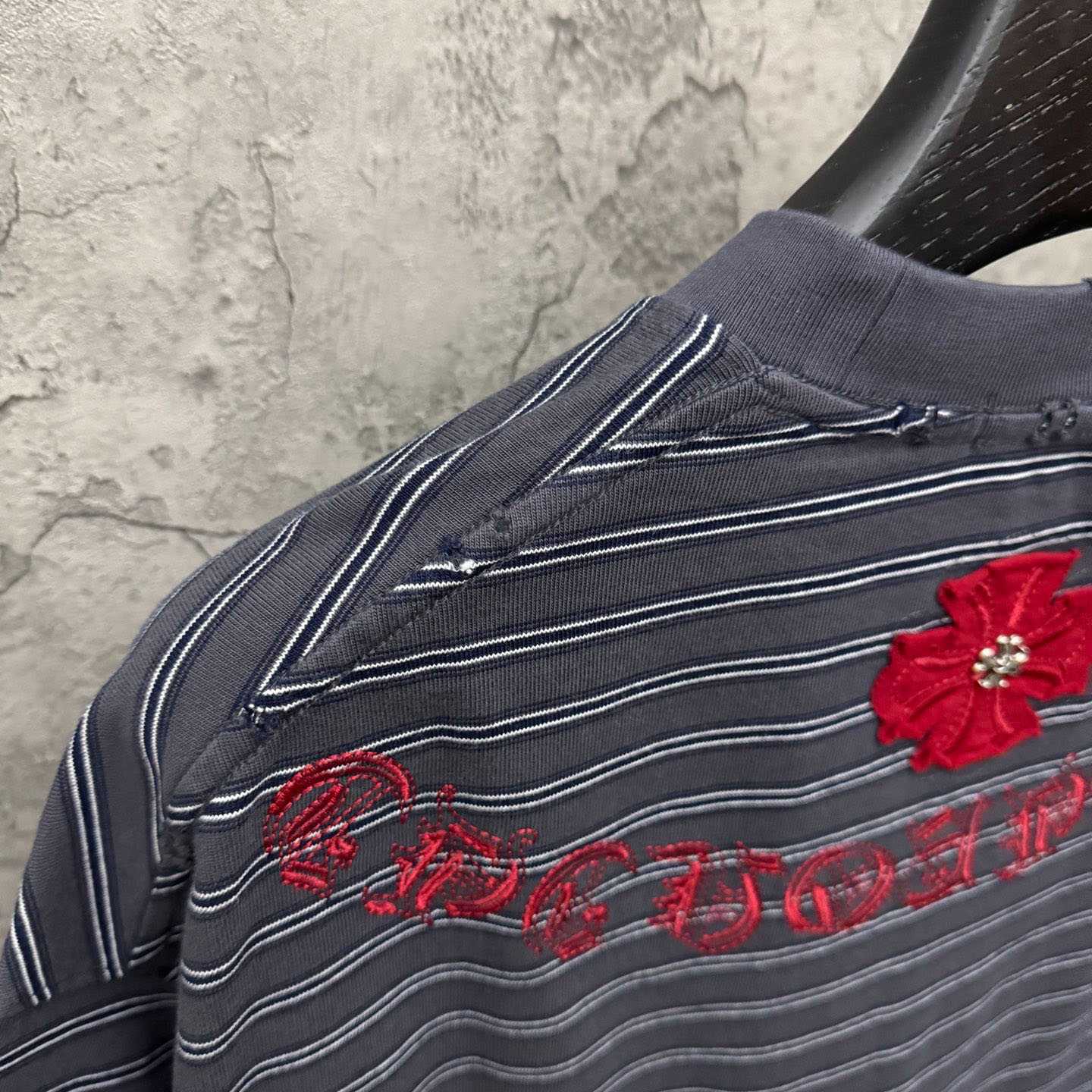 Chrome Hearts Striped Cross Sanskrit Embroidery Crew Neck T-Shirt - DesignerGu