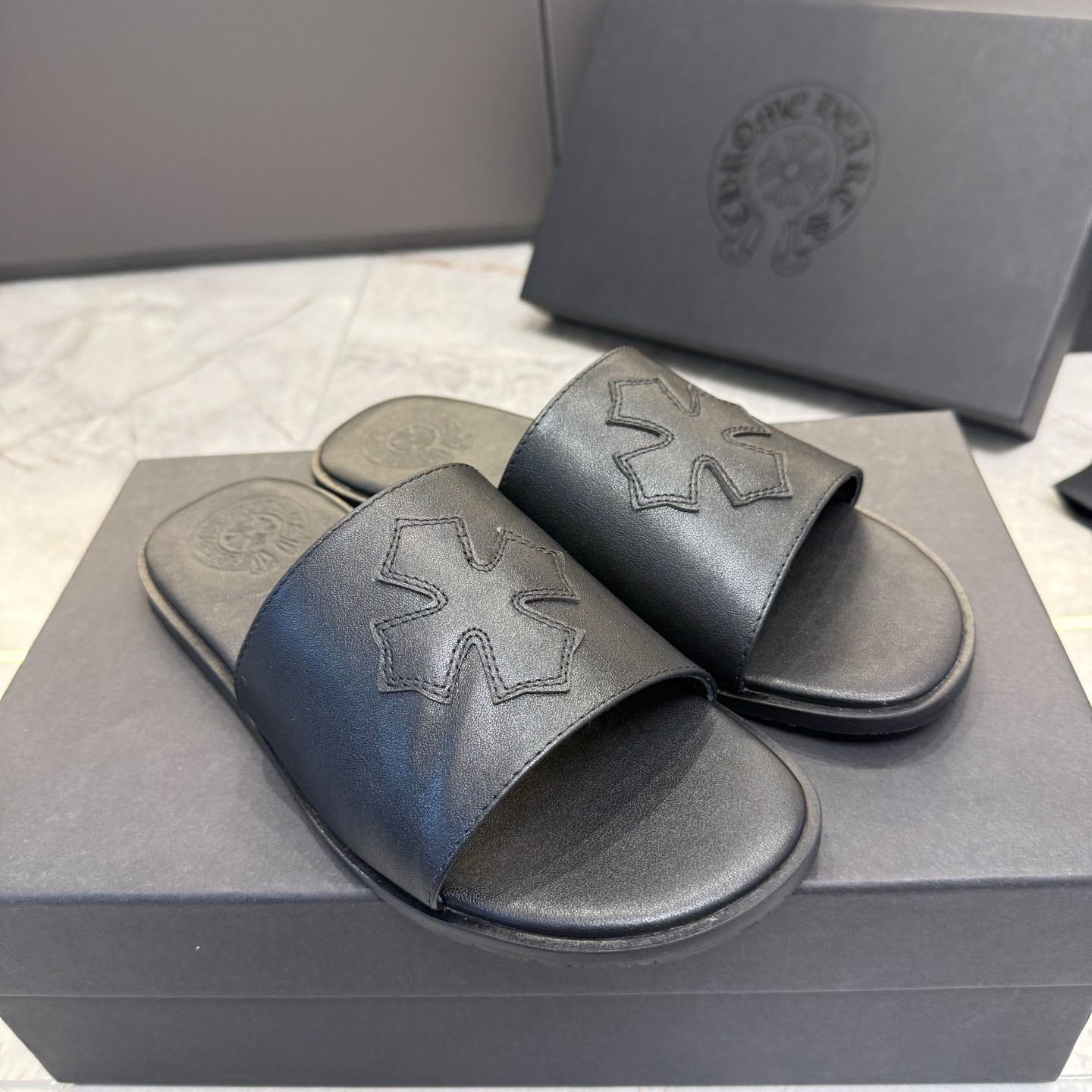 Chrome Hearts Black Leather Plus Slides / Sandals / Slippers - DesignerGu