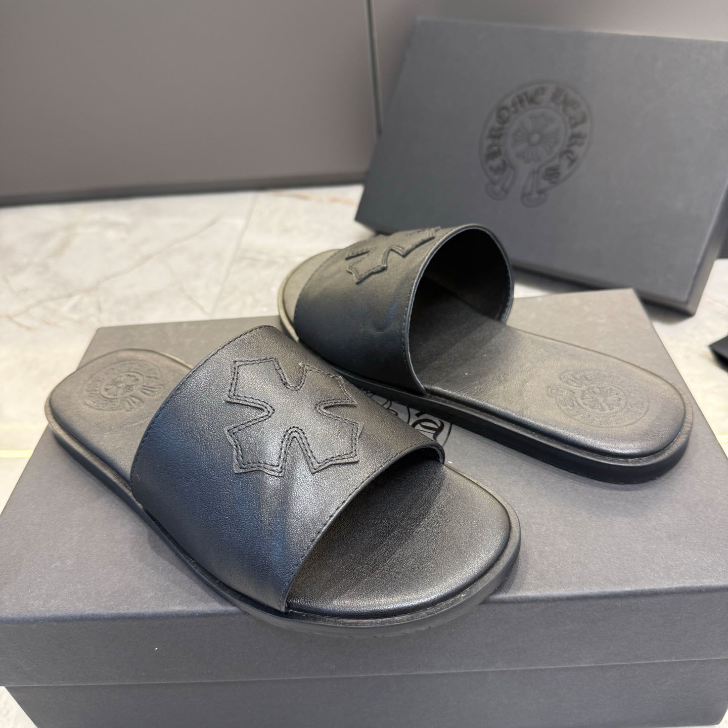 Chrome Hearts Black Leather Plus Slides / Sandals / Slippers - DesignerGu