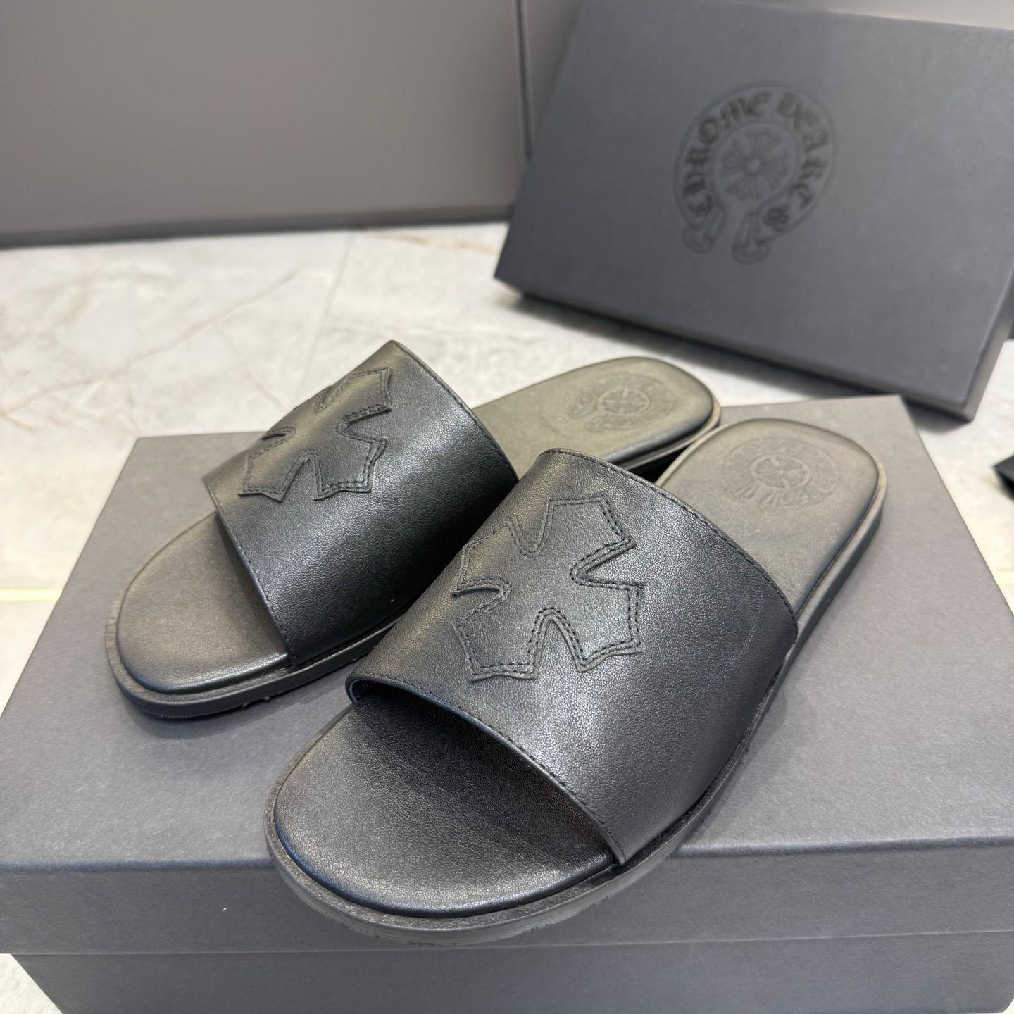 Chrome Hearts Black Leather Plus Slides / Sandals / Slippers - DesignerGu