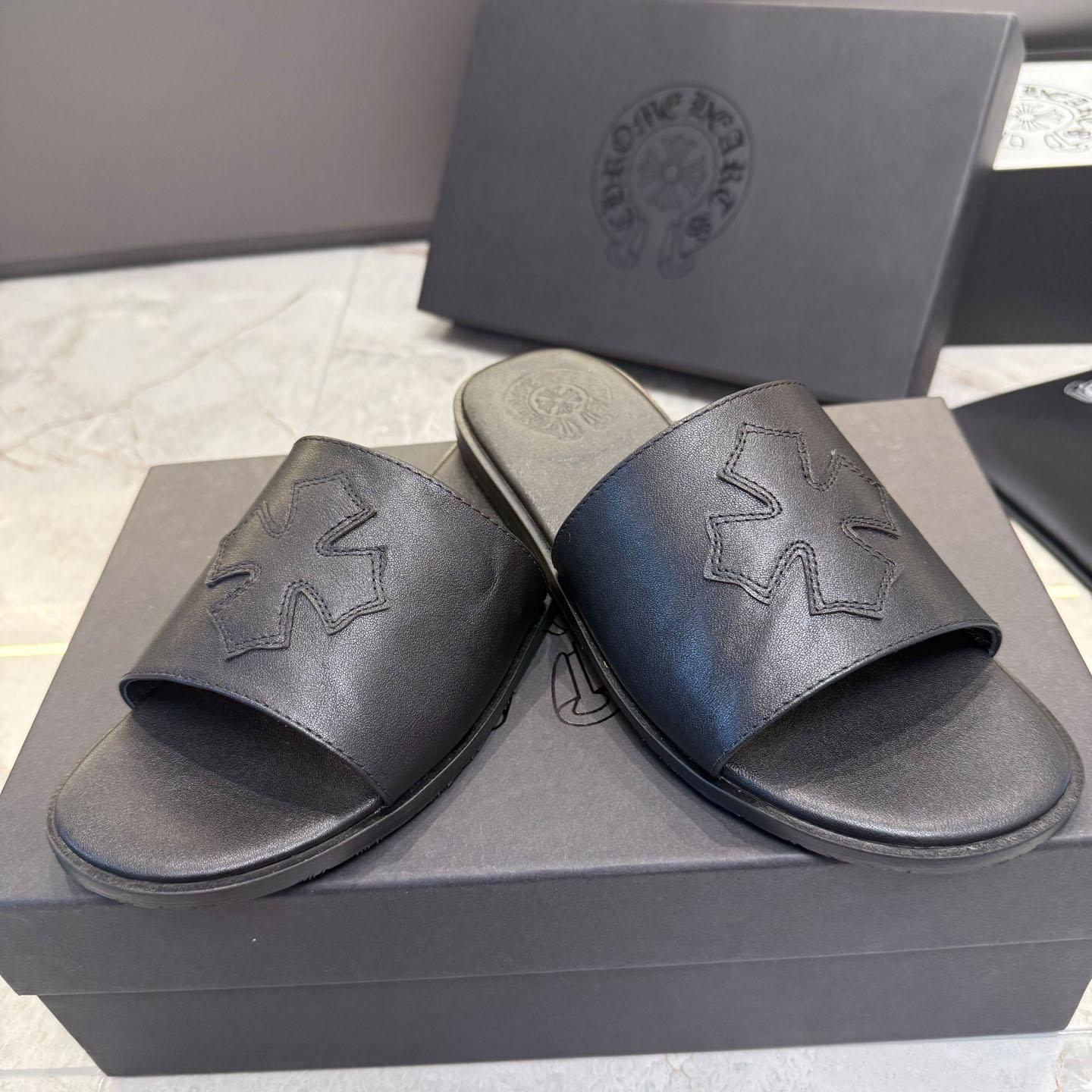 Chrome Hearts Black Leather Plus Slides / Sandals / Slippers - DesignerGu