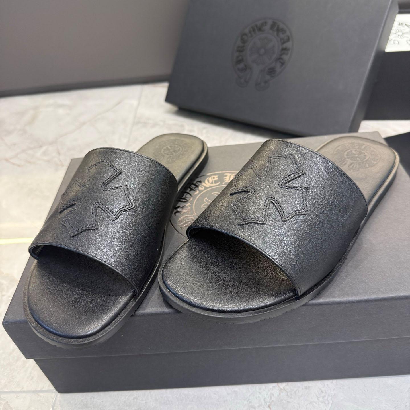 Chrome Hearts Black Leather Plus Slides / Sandals / Slippers - DesignerGu