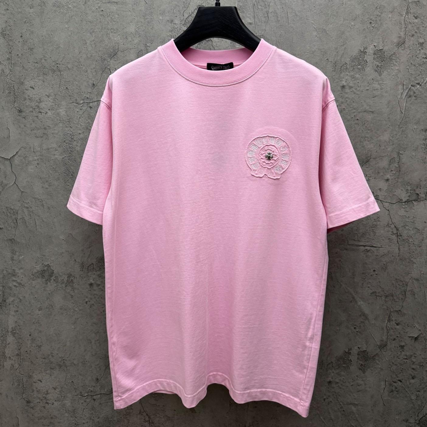 Chrome Hearts Pink Sanskrit Horseshoe Embroidered  T-Shirt - DesignerGu