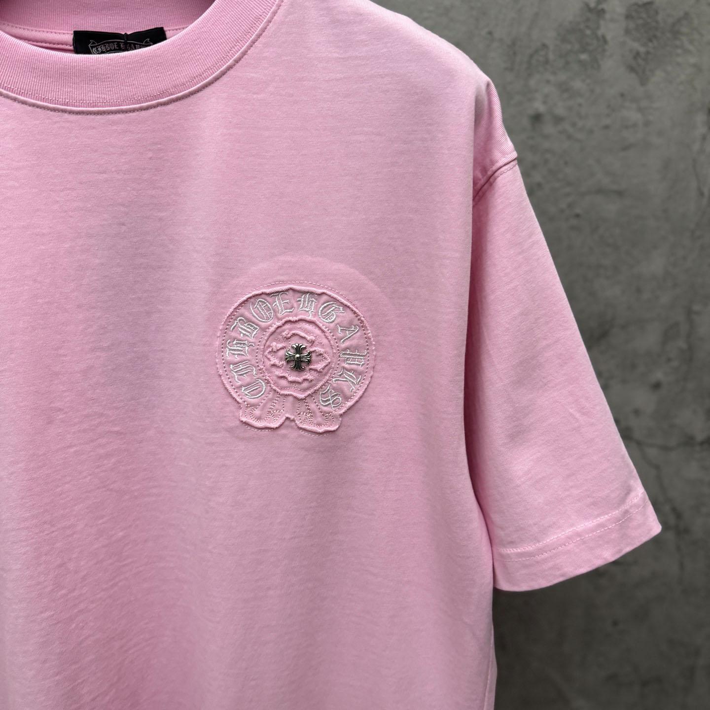 Chrome Hearts Pink Sanskrit Horseshoe Embroidered  T-Shirt - DesignerGu