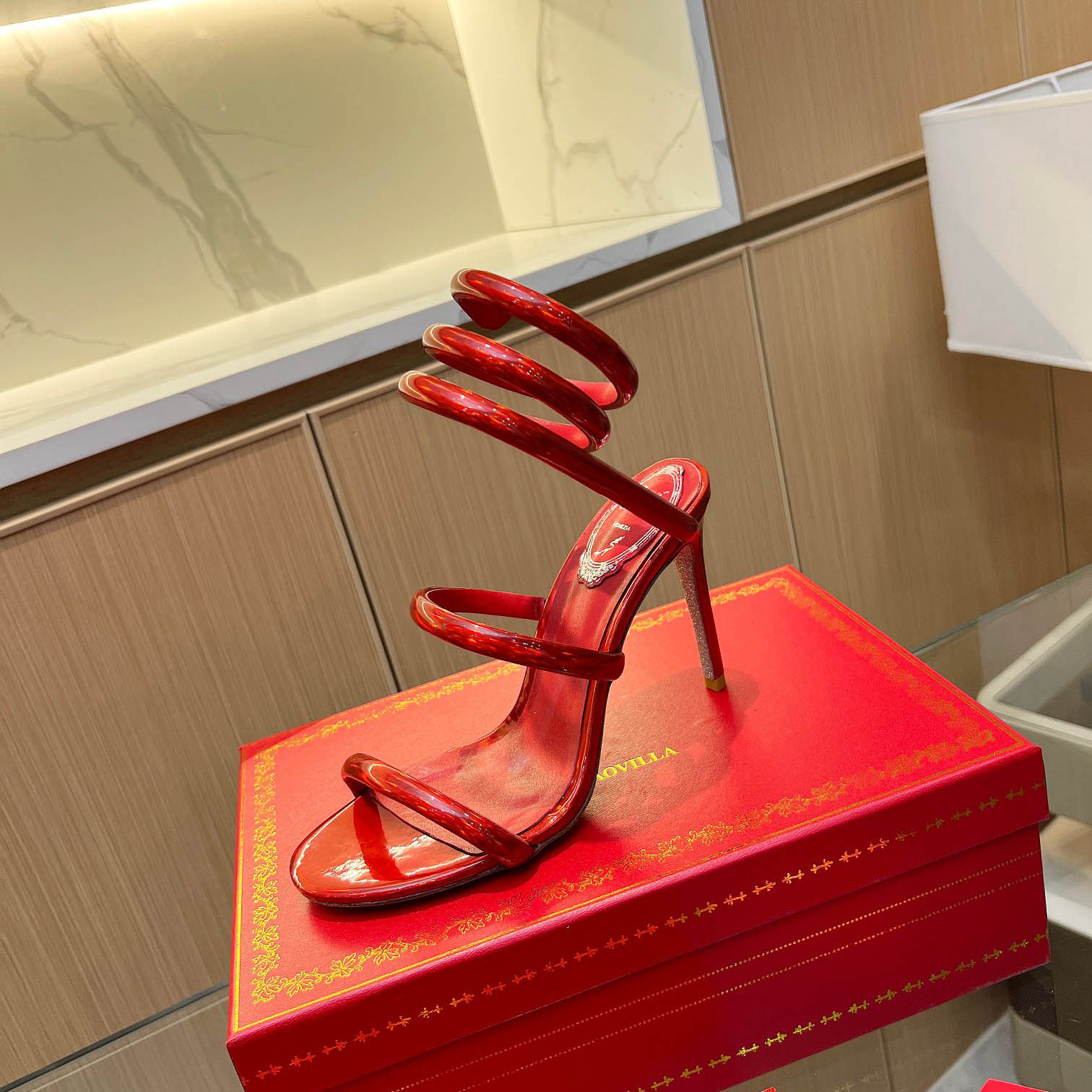 Rene Caovilla Metallic Red Leather Sandals - DesignerGu
