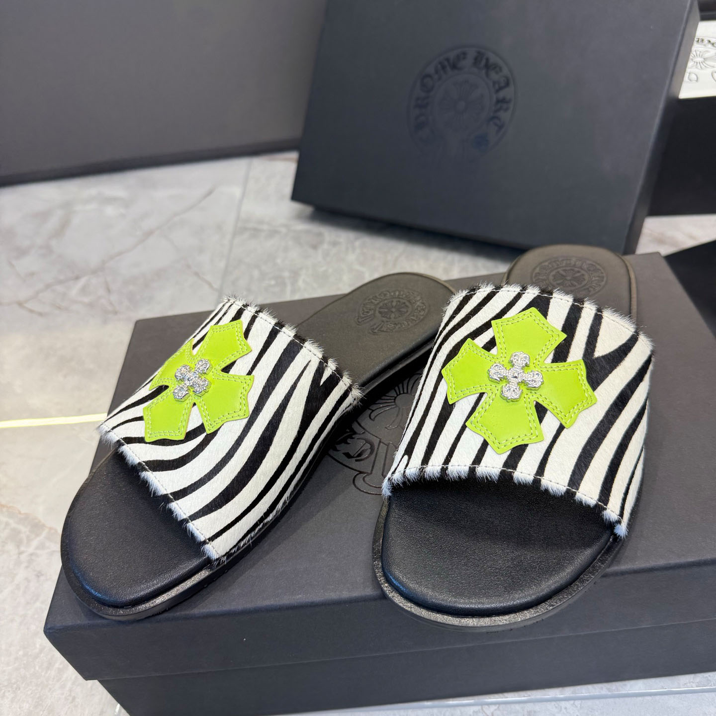 Chrome Hearts Cowhide Leather Slide Silver Accent  - DesignerGu