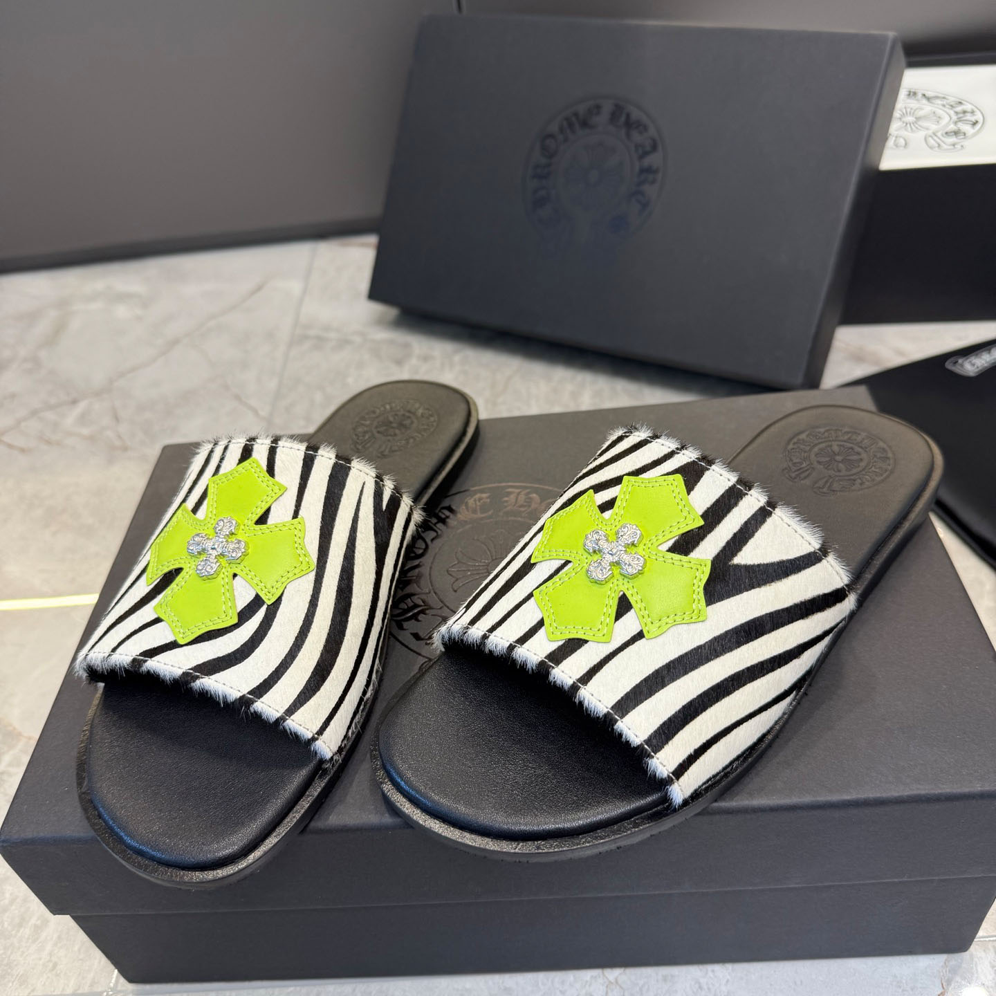 Chrome Hearts Cowhide Leather Slide Silver Accent  - DesignerGu