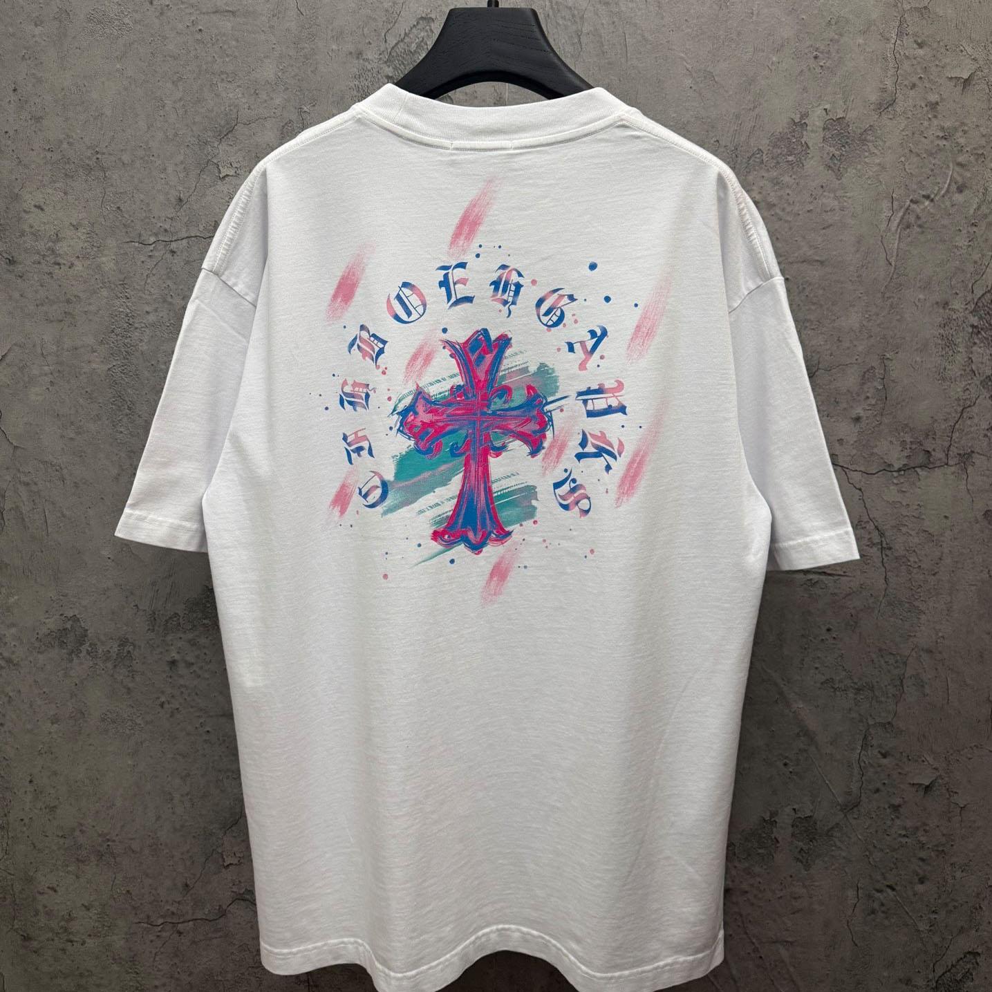 Chrome Hearts Watercolor Graffiti Cross Print Crew Neck T-Shirt - DesignerGu