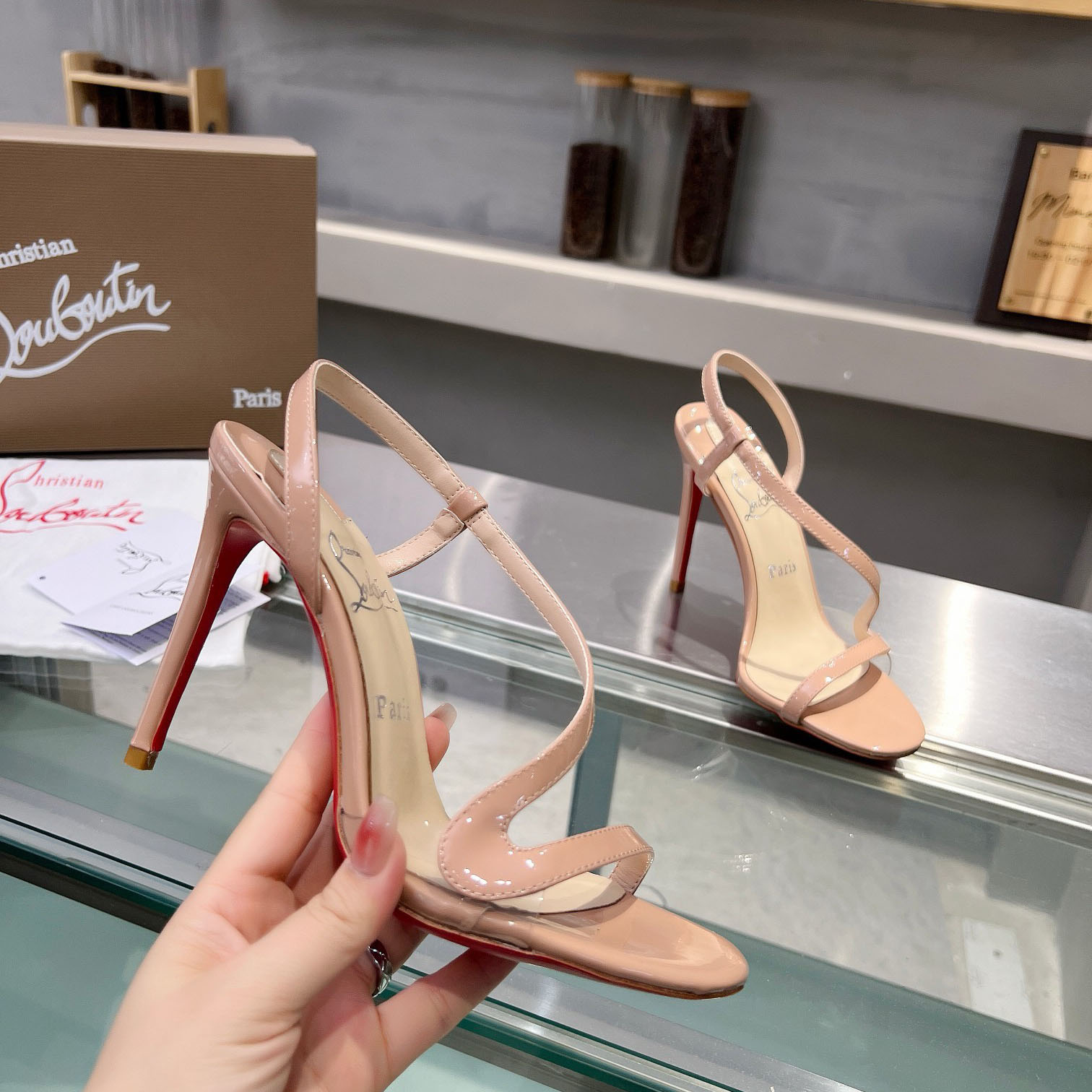 Christian Louboutin Rosa Z  100 mm Sandals  Patent Calf Leather - Blush - DesignerGu
